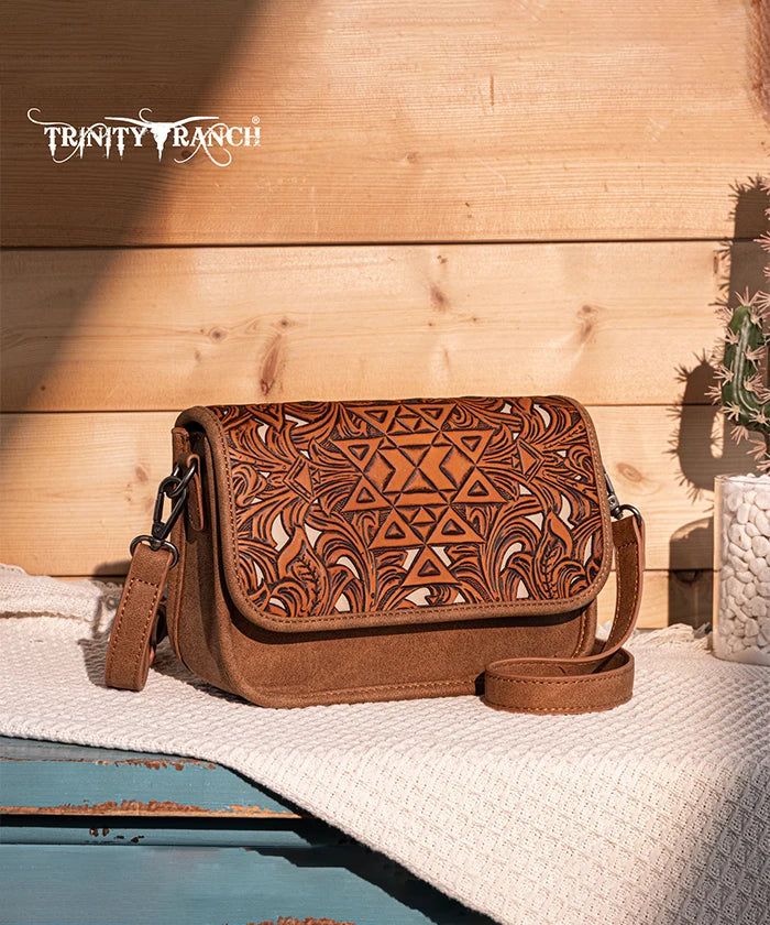 Trinity Ranch Aztec Tooled Leather Crossbody Purse for Women - Stylish Boho Handbag for Everyday Use, Travel & Casual Outings