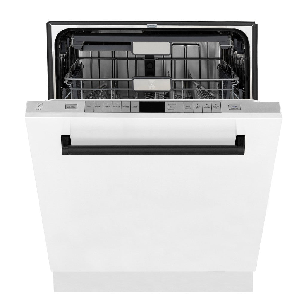 ZLINE Autograph Edition 24 Inch Monument Series 3rd Rack Dishwasher with Top Touch Control - White Matte Finish & Matte Black Handle, Ultra Quiet 45dBa (DWMTZ WM 24 MB) - Perfect for Modern Kitchens, Open Concept Homes, and Luxury Apartments