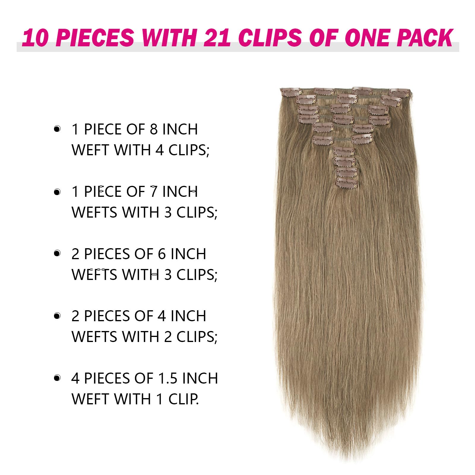 SixStarHair Ash Brown Clip-In Hair Extensions - 20 Inch Remy Human Hair Wefts (180g, 10 Pieces) with 21 Clips - Cool Tone Color 8 - Perfect for Parties, Weddings & Daily Styling