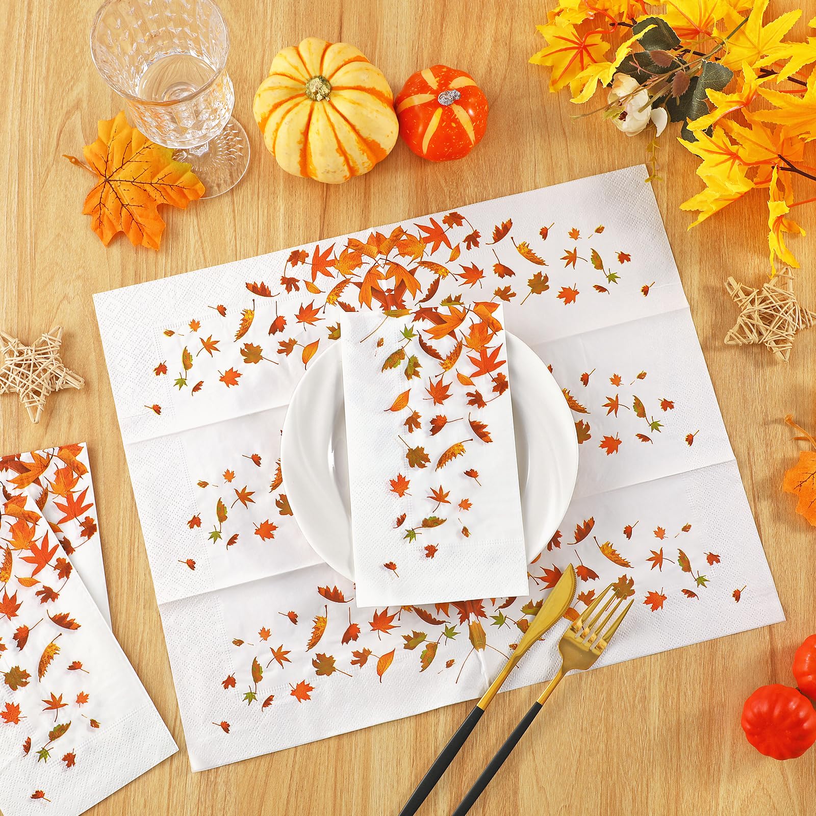 100PCS Fall Leaves Napkins - 3-Ply Disposable Thanksgiving Napkins for Bathroom & Kitchen | Decorative Autumn Paper Guest Towels | Perfect for Thanksgiving Dinner, Fall Home Decor & Party Table Settings
