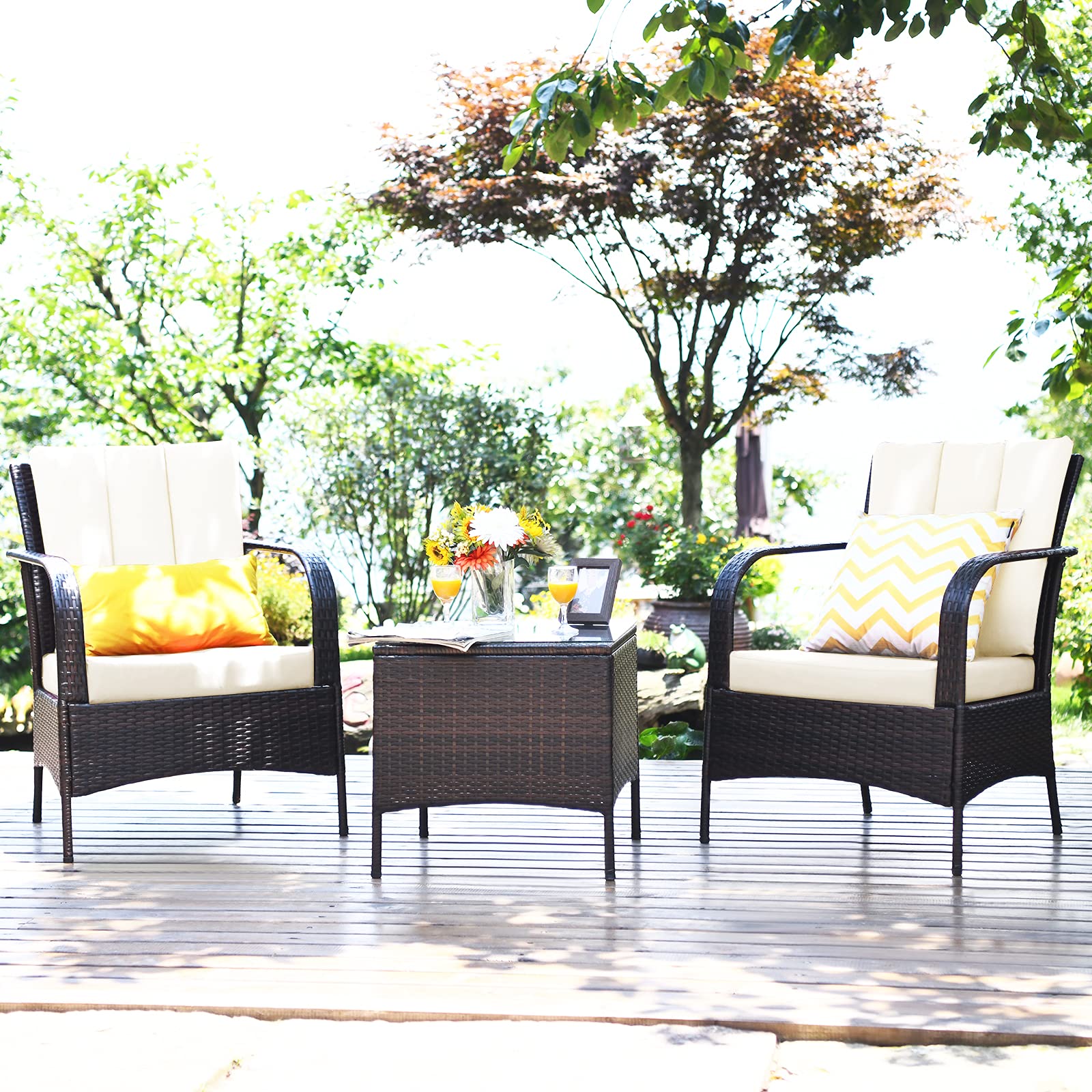 Tangkula 3-Piece Patio Furniture Set - 2 Wicker Chairs with Glass Top Coffee Table, Outdoor Rattan Conversation Set for Garden, Porch or Poolside (Cream) | Perfect for Relaxing, Entertaining & Outdoor Dining