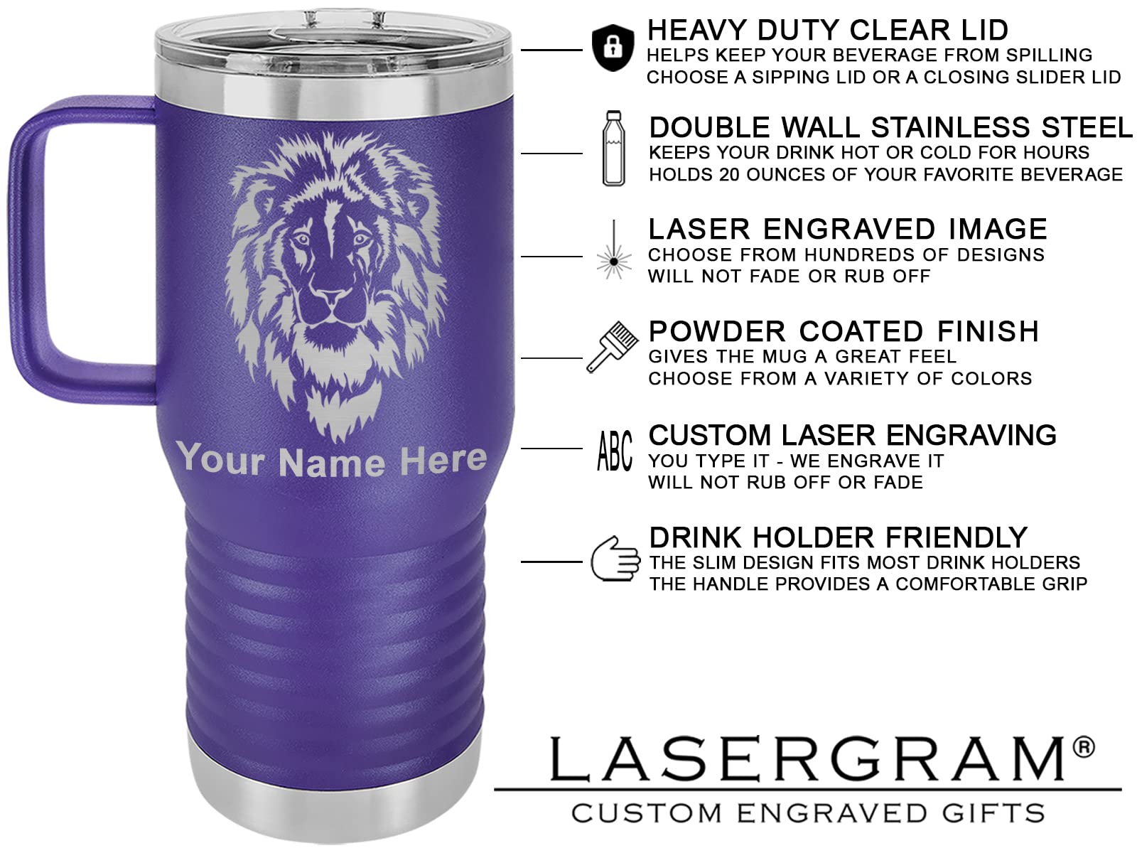 LaserGram 20oz Vacuum Insulated Stainless Steel Travel Mug with Handle - Leak Proof Coffee Thermos for Motorcycle, Office & Outdoor Use - Free Personalized Engraving (Dark Purple)