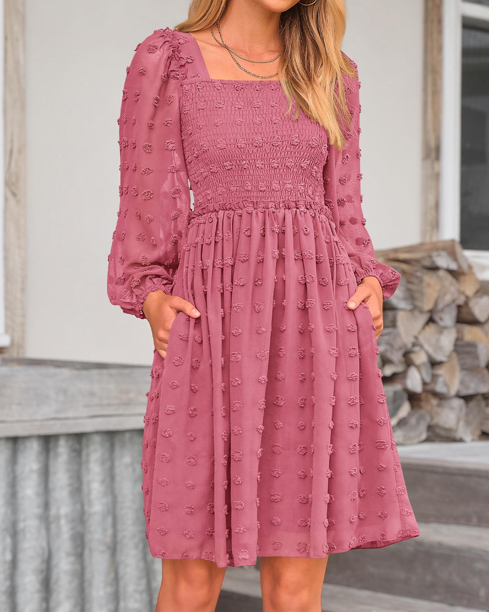 BTFBM Women's Floral Swiss Dot Smocked Mini Dress - Square Neck Long Sleeve Boho Wedding Guest Dress for Spring & Summer 2025 | Perfect for Garden Parties, Bridal Showers & Romantic Dates