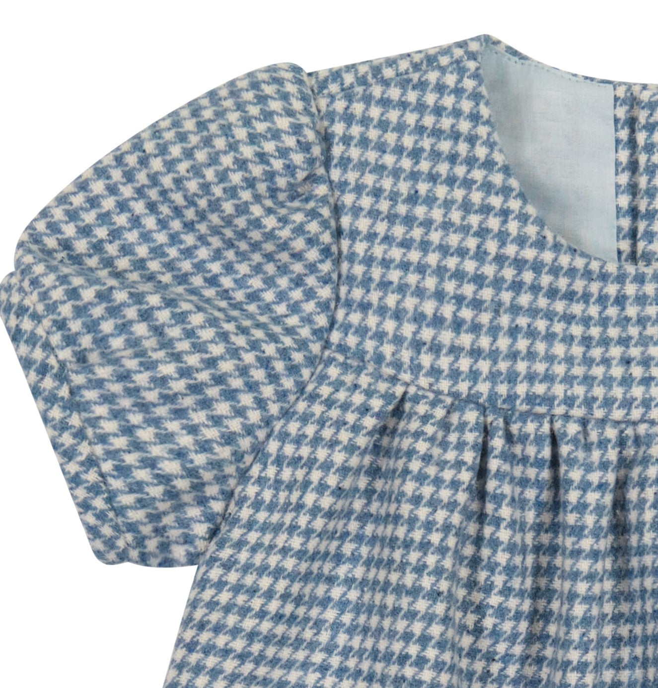 Matilda Girls Puff Sleeve Dress - Blue Houndstooth Check Pattern Party Dress for Kids, Birthday, Holiday & Special Occasions