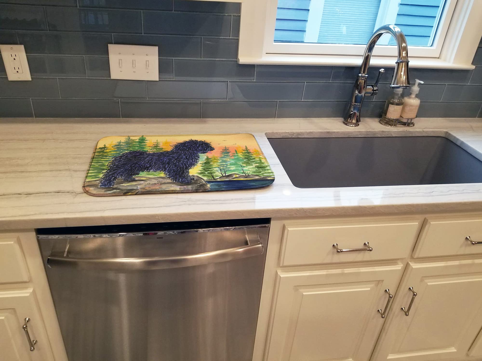 Puli Dog Design Absorbent Dish Drying Mat - 14x21 Inch Non-Slip Kitchen Counter Drying Pad for Dishes, Utensils & Cookware | Perfect for Countertop Protection, Spill Absorption & Drying Rack Alternative