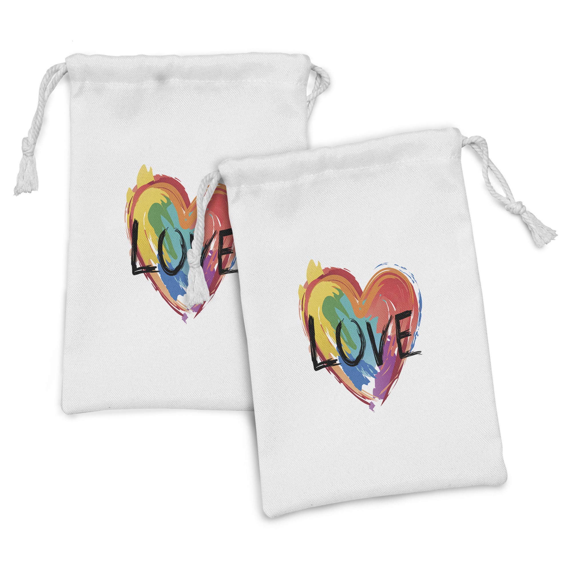 Ambesonne Rainbow Fabric Pouch Set of 2 - Brush Painted Pride Heart LGBT Design Small Drawstring Bag (9