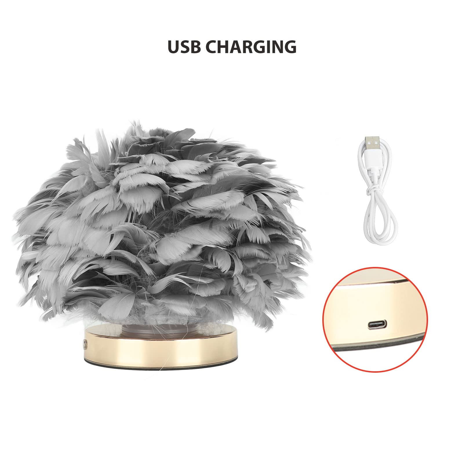 UPQRSG Feather Table Lamp - USB Powered Touch Control LED Night Light with Stepless Dimming for Bedroom, Living Room, Wedding Decor (Grey) | Romantic Ambiance Lighting for Home & Office