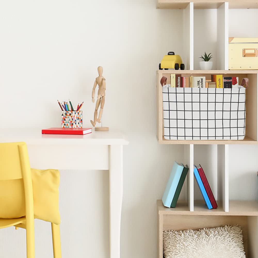CLOCOR Rectangular Collapsible Storage Basket with Handles - Waterproof Coating Organizer Bin for Toys, Books & Home Decor - White Check Pattern | Perfect for Nursery, Playroom & Closet Organization