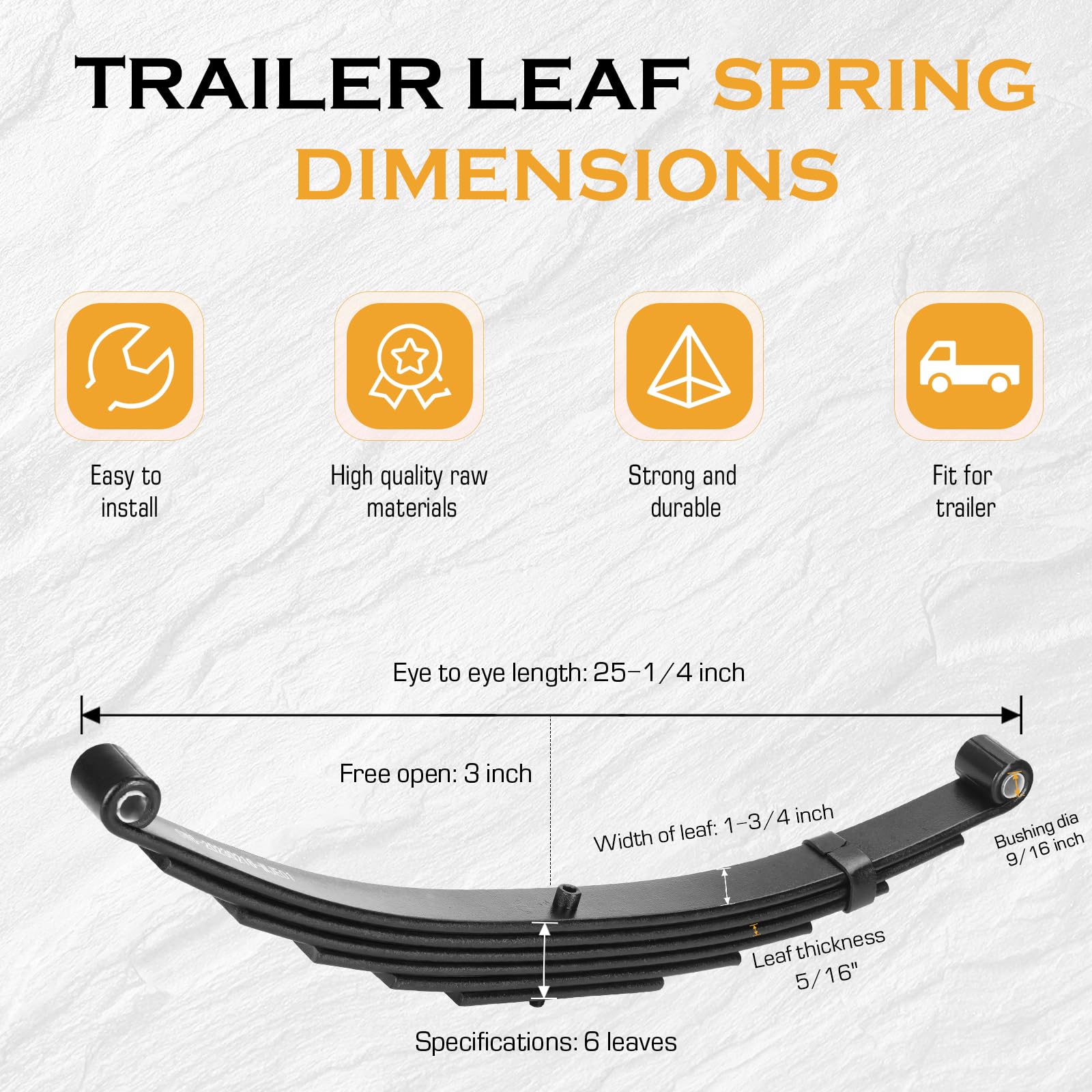 Heavy Duty Trailer Leaf Spring 6-Leaf Double Eye 3500 lbs Capacity for 7000 lbs Axle Suspension - 25-1/4