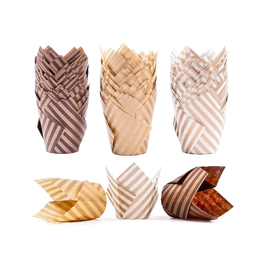100-Pack White Striped Tulip Style Baking Paper Cups - Grease-Proof Cupcake Liners & Muffin Wrappers for Baking, Weddings, Birthday Parties - Perfect for Home Baking, Party Decorations and Gift Packaging