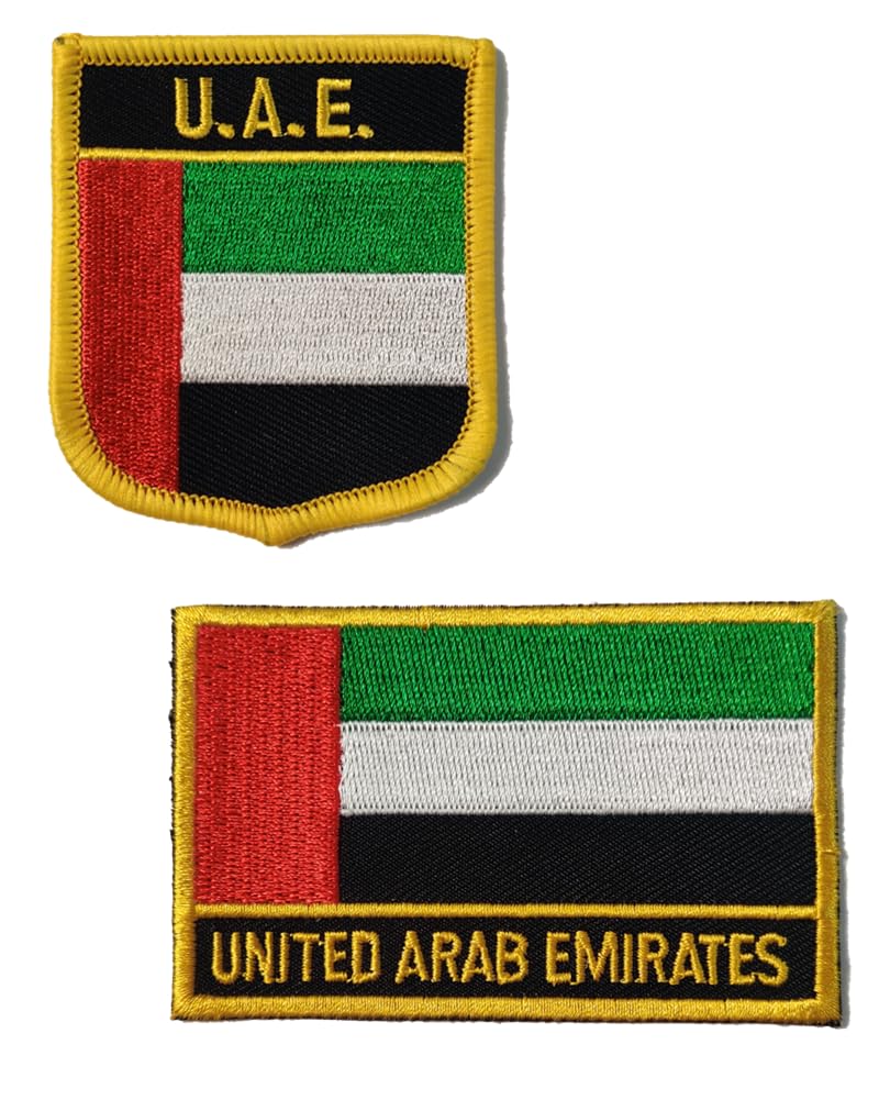 2Pcs UAE Flag Embroidered Iron On Patch Set (1 Rectangle + 1 Shield) - Durable Sew On Applique for Backpacks, Hats, Jackets & DIY Crafts - Perfect for National Day Celebrations, Travel Souvenirs & Patriotic Fashion Accessories
