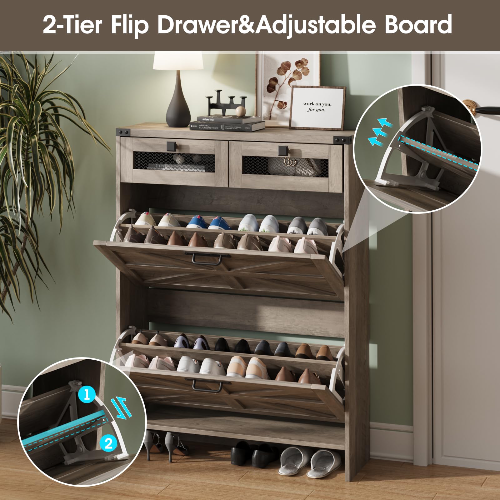 Farmhouse Shoe Storage Cabinet with 2 Flip Drawers & 2 Drawers - Narrow Freestanding Entryway Shoe Rack for Hallway, Living Room or Bedroom Organization - Grey Wooden Shoe Cabinet for Small Spaces