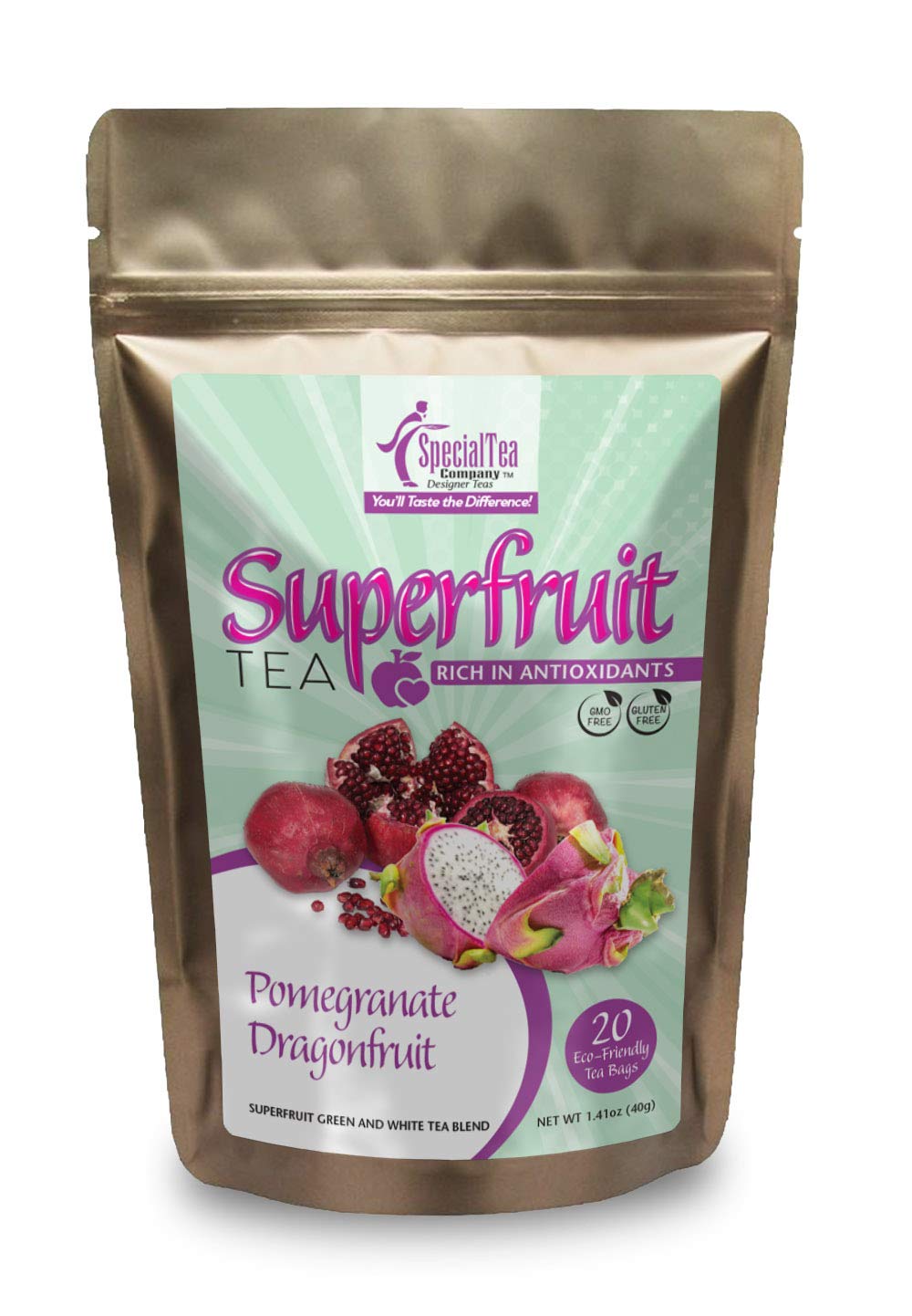 Premium Pomegranate & Dragonfruit Green White Tea Blend - Antioxidant Superfruit Herbal Tea, 20 Count Tea Bags for Energy Boost & Relaxation | Perfect for Morning Refreshment or Afternoon Wellness Break