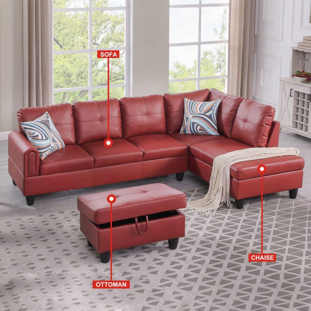 Modern L-Shaped Faux Leather Sectional Sofa Set with Ottoman - Right Hand Facing Red Living Room Couch for Small Spaces | Perfect for Apartments, Home Theater & Family Gatherings