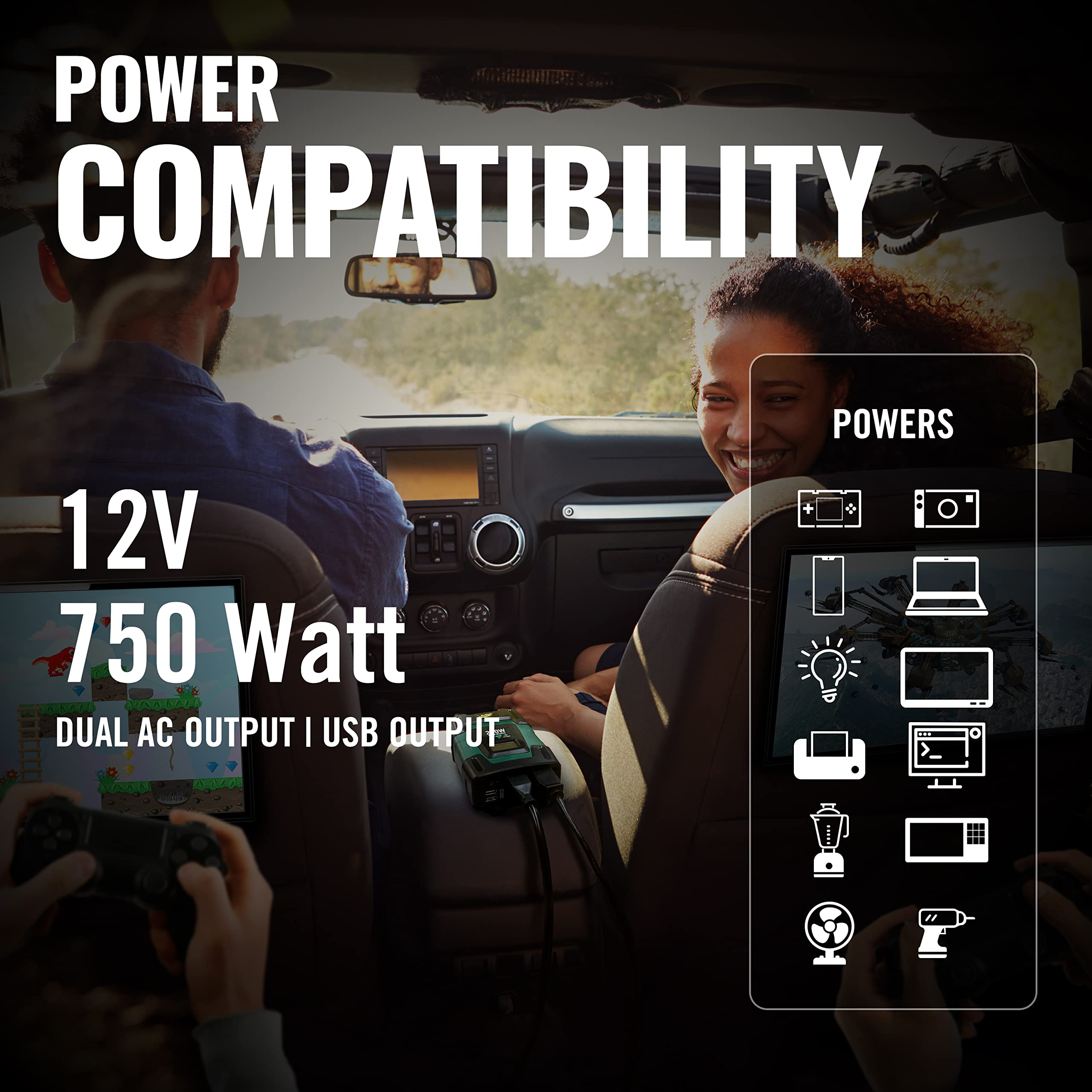Battery Tender 750W Power Inverter with Alligator Clips - 12V DC to AC Converter with Dual USB Ports (3.1A) & 2 AC Outlets for Camping, RV, Road Trips & Outdoor Adventures