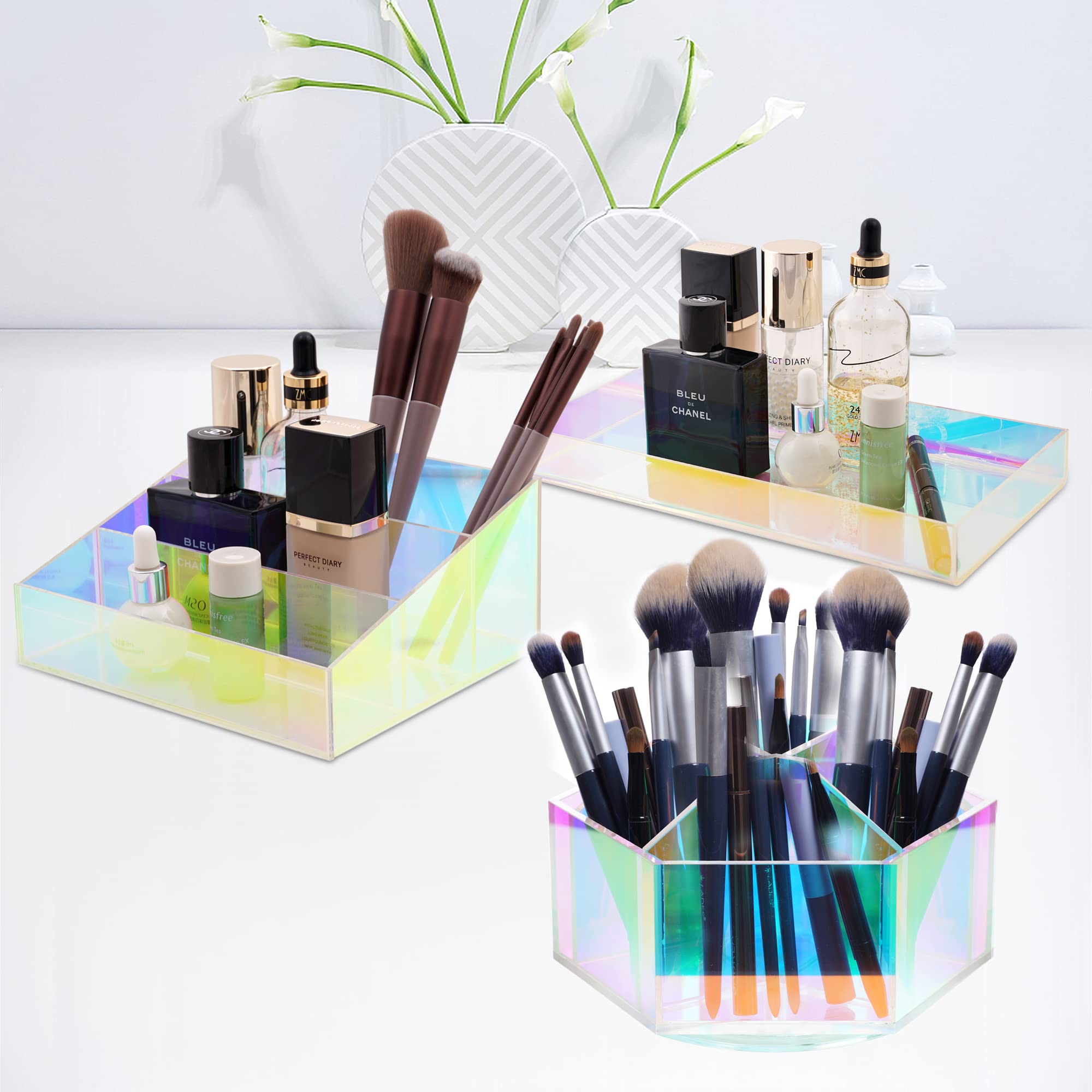 Luxury Makeup Organizer with Spinning Base - Iridescent Makeup Brush Holder & Cosmetic Storage Case for Vanity, Bathroom, Travel (Rose Gold) - Perfect for Makeup Artists and Beauty Enthusiasts