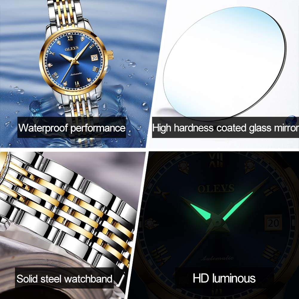 OLEVS Women's Automatic Diamond Watch - Stainless Steel Self-Winding Ladies Dress Watch with Luminous Hands & Waterproof Design - Perfect for Business, Evening Events & Everyday Wear