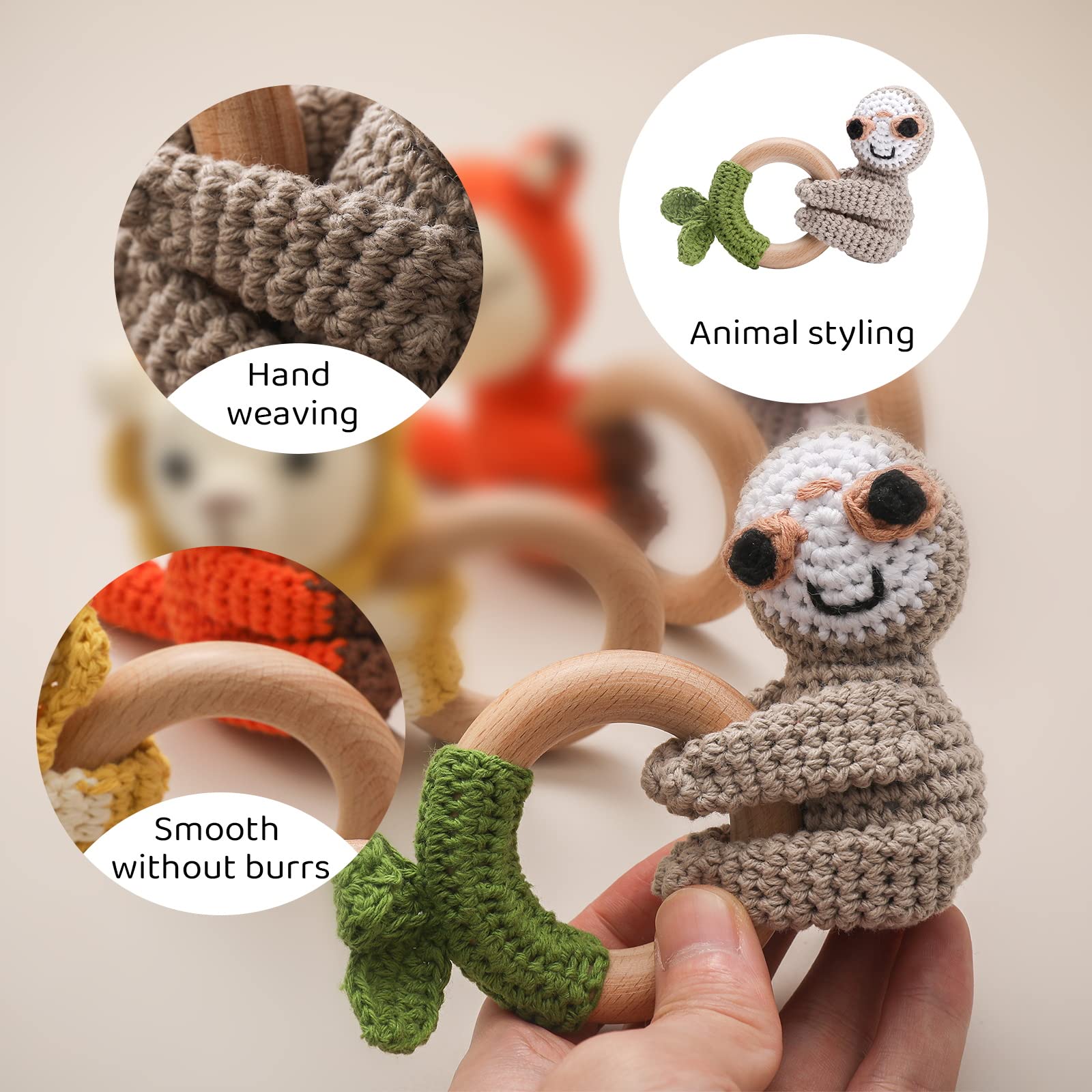 Organic Wooden Teether & Crochet Baby Rattle Toy - Handmade Gray Elephant Stuffed Animal Gift for Newborns | Safe Chewing Toy for Teething Babies, Infant Sensory Play & Baby Shower Gifts