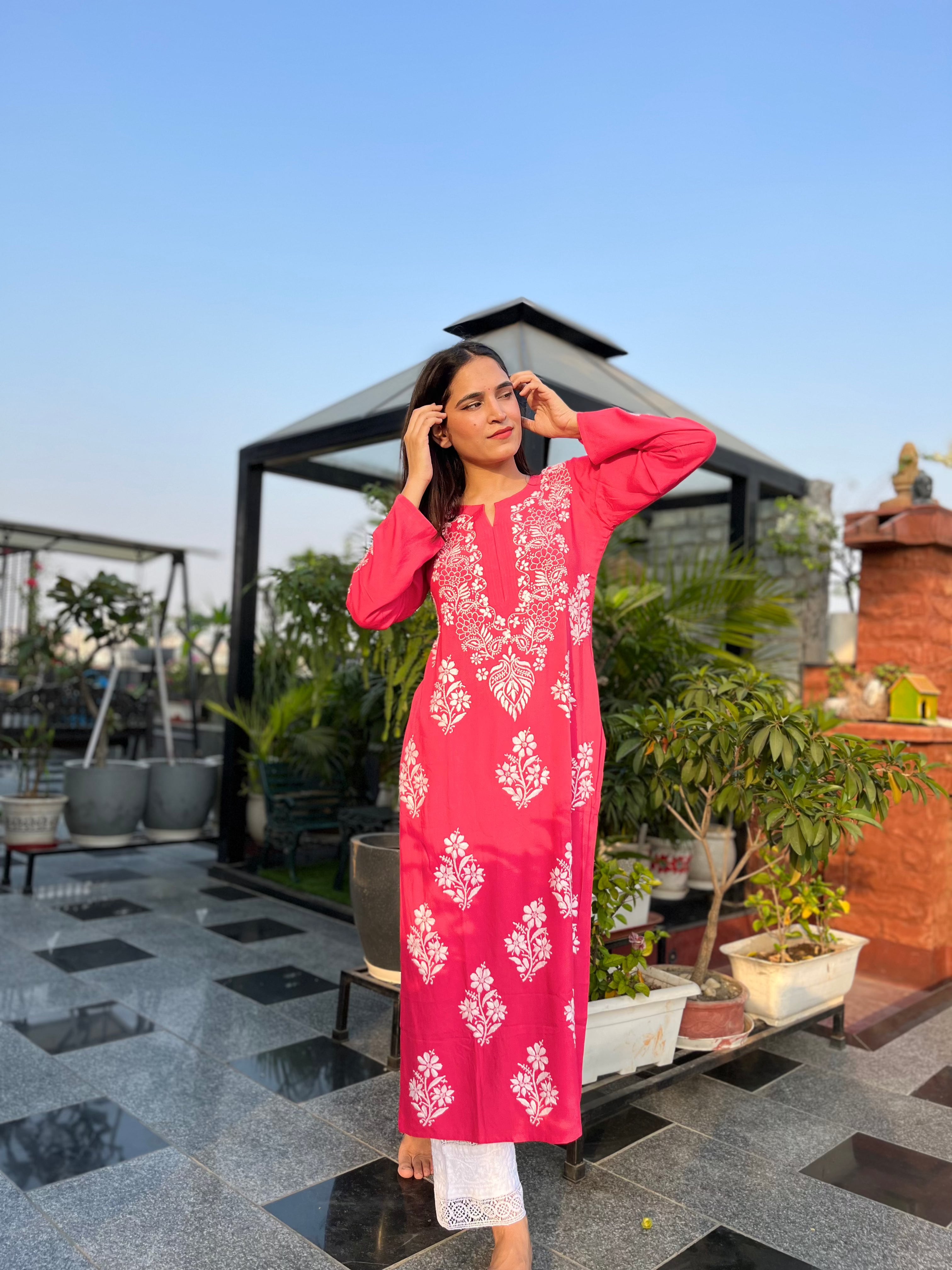 Hand Embroidered Chikankari Kurta for Women - Red Traditional Indian Tunic Top - Perfect for Festivals, Weddings & Casual Wear