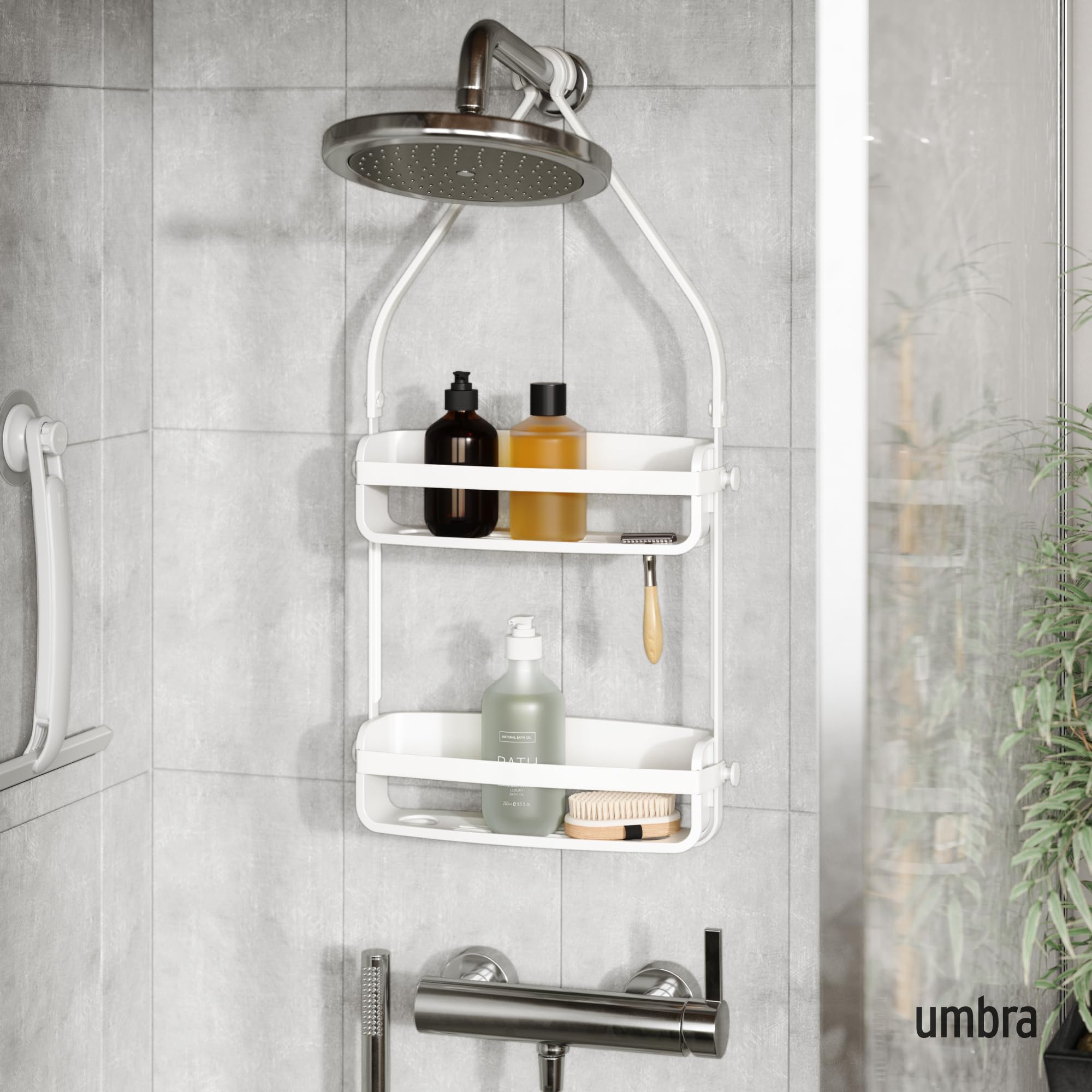 Umbra Flex Hanging Shower Caddy - Rustproof Bathroom Organizer with Adjustable Shelves for Shampoo, Soap & Beauty Products - Perfect for Small Bathrooms & Bathtub Storage (White)