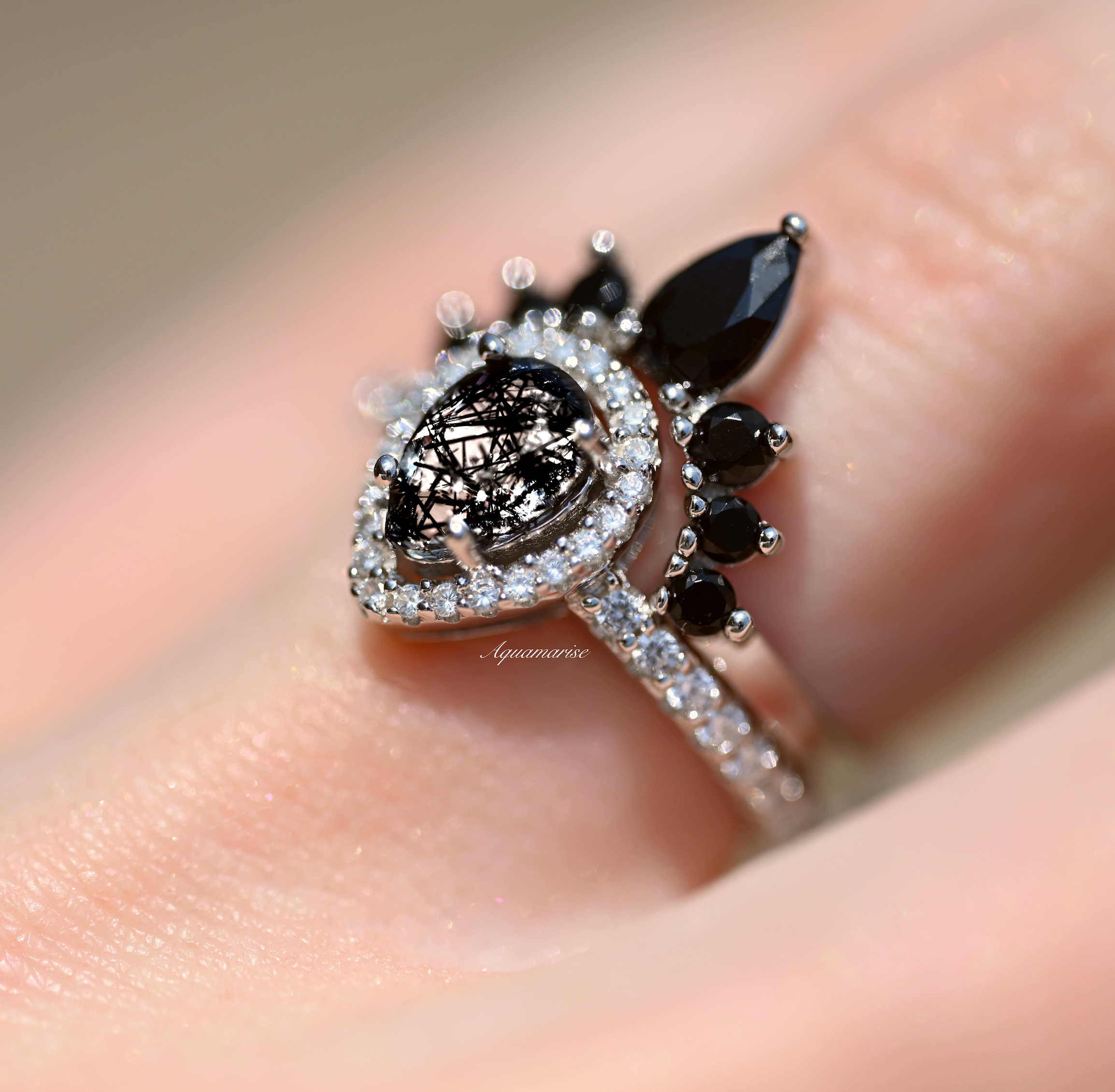 925 Sterling Silver Amy Rutilated Quartz & Black Diamond (Onyx) Ring Set | Elegant Jewelry for Women, Gift for Her, Wedding, Anniversary & Special Occasions