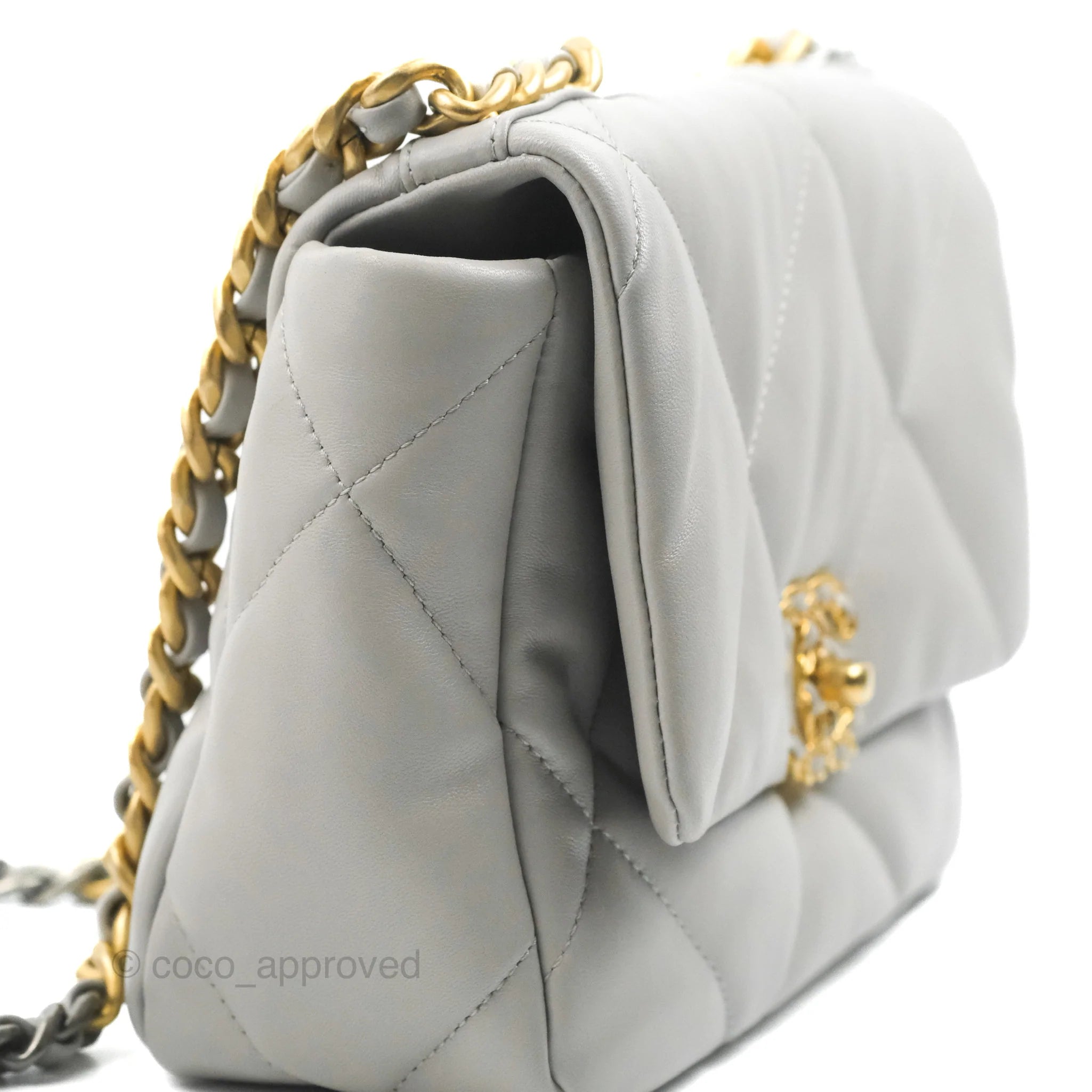 Chanel 19 Small Grey Lambskin Leather Bag with Mixed Gold & Silver Hardware - Perfect for Everyday Luxury & Evening Events
