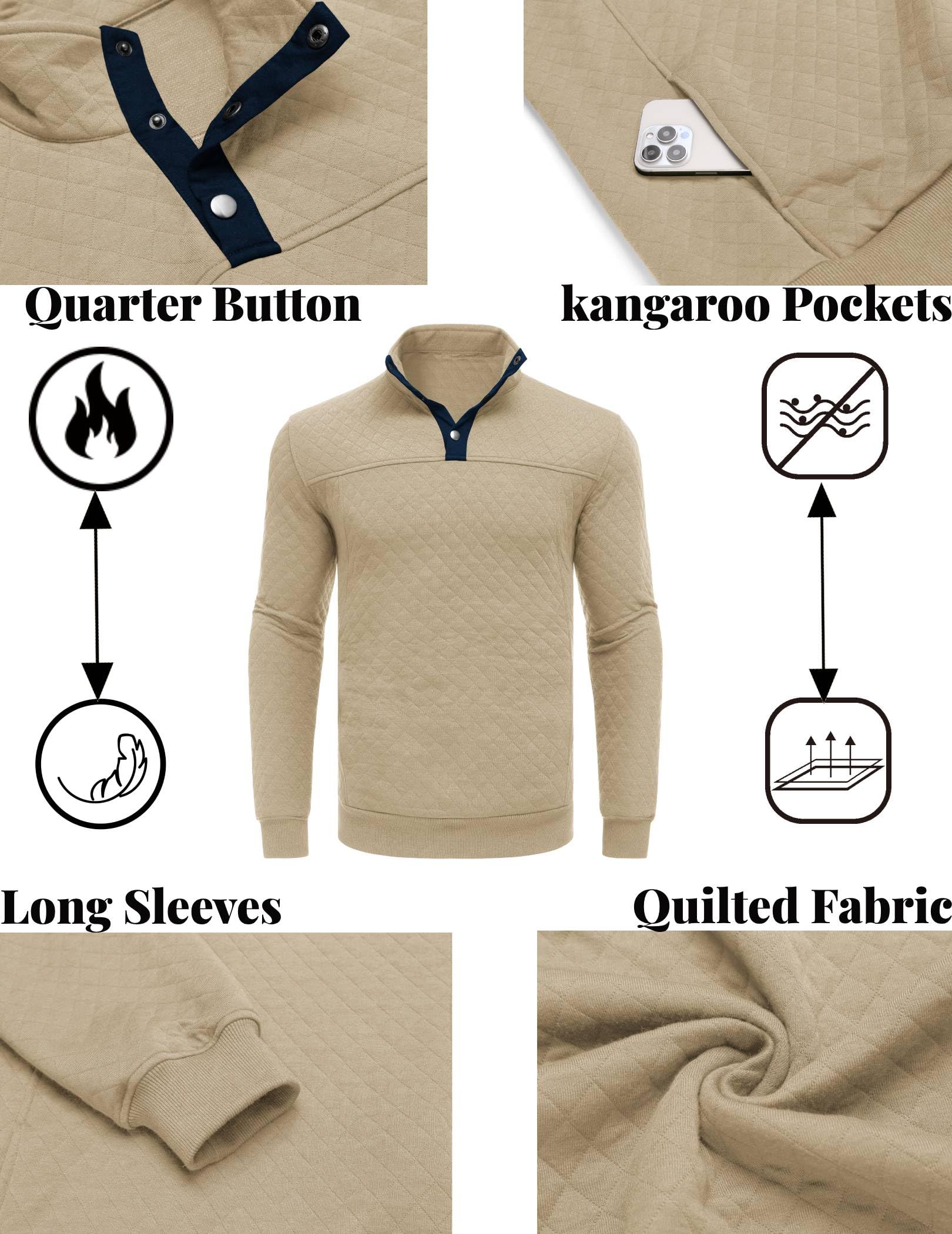 COOFANDY Men's Quilted Quarter Sweatshirt - Long Sleeve Mock Neck Waffle Knit Pullover with Pockets | Casual & Athletic Wear for Outdoor Activities, Workouts, and Everyday Style
