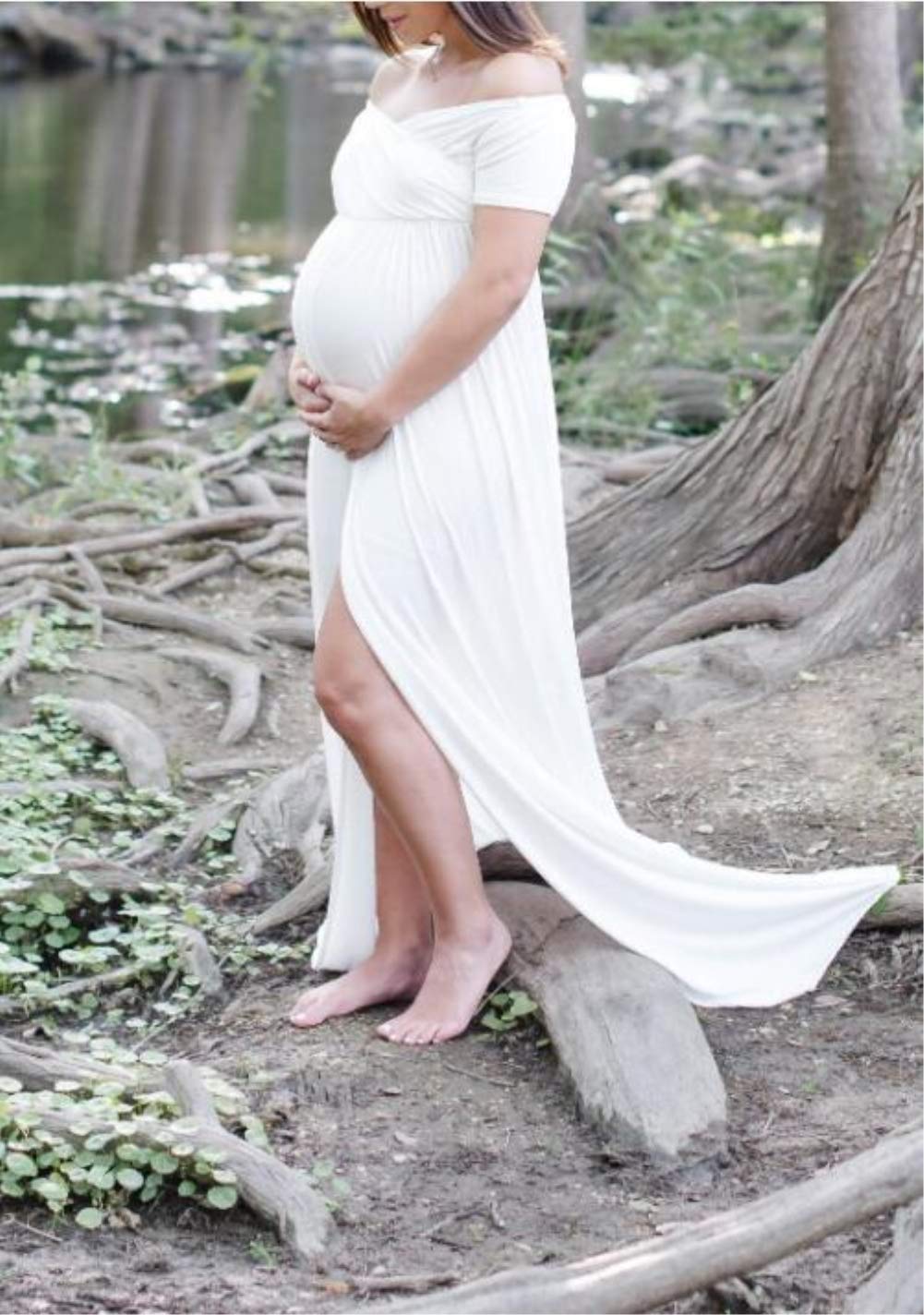 ZIUMUDY Maternity Photoshoot Dress - Off Shoulder Wrap Ruched Maxi Gown with Front Split for Pregnancy Photoshoots, Baby Showers & Special Occasions