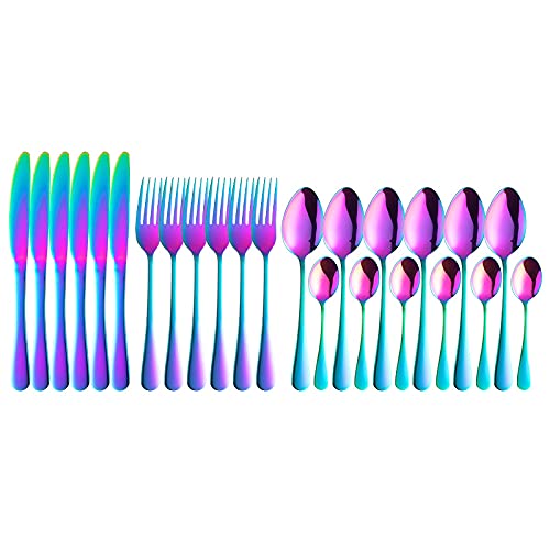 24-Piece Stainless Steel Silverware Flatware Set - Black Cutlery with Forks, Knives & Spoons - Elegant Dinnerware for Home, Restaurant & Party Use (Rainbow Color, 6 Sets) - Perfect for Daily Dining, Entertaining Guests & Special Occasions