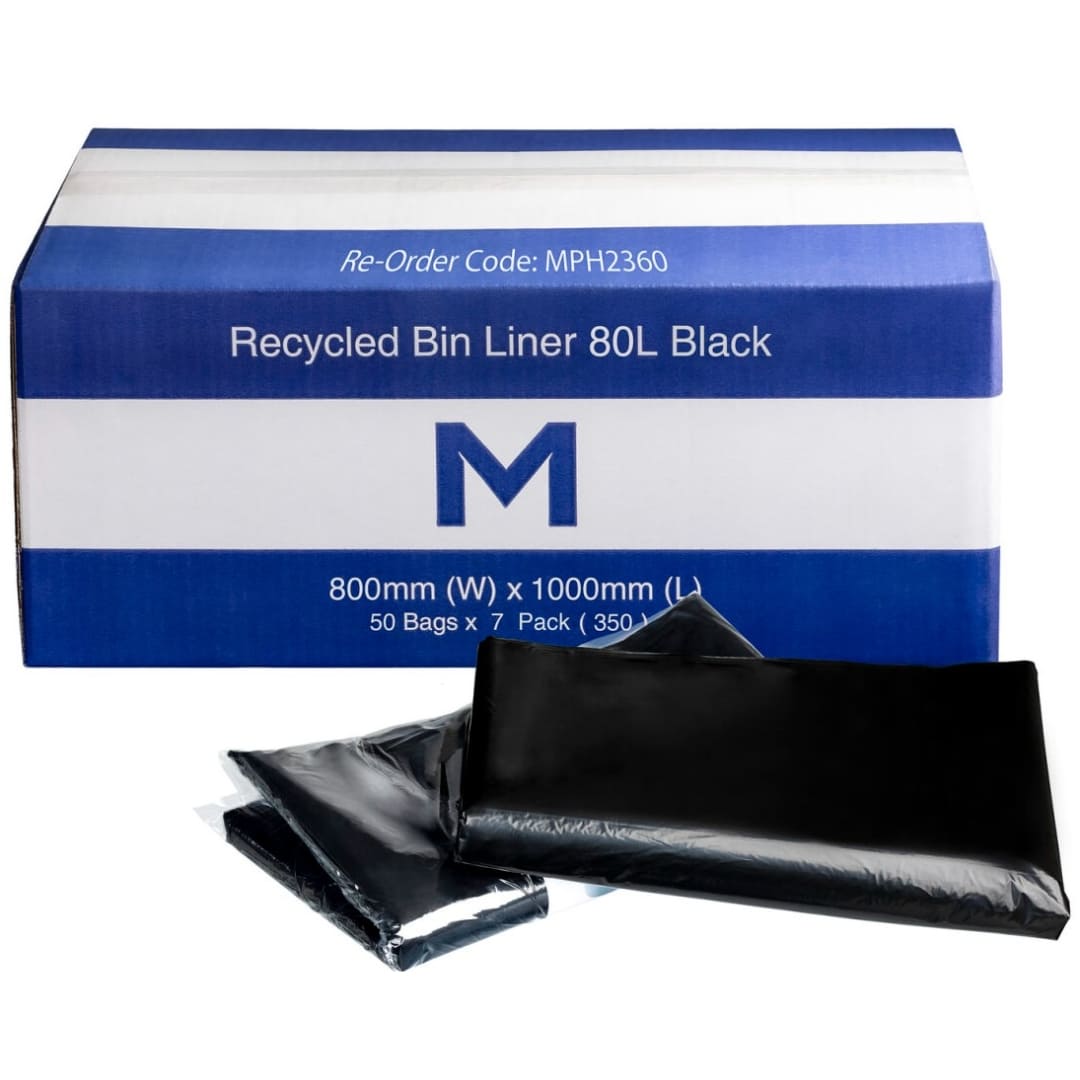 Eco-Friendly 80L Recycled Trash Bags - 50 Pack, Black (800mm x 1000mm x 30mu) - Heavy Duty Garbage Bags for Kitchen, Office & Outdoor Waste Disposal