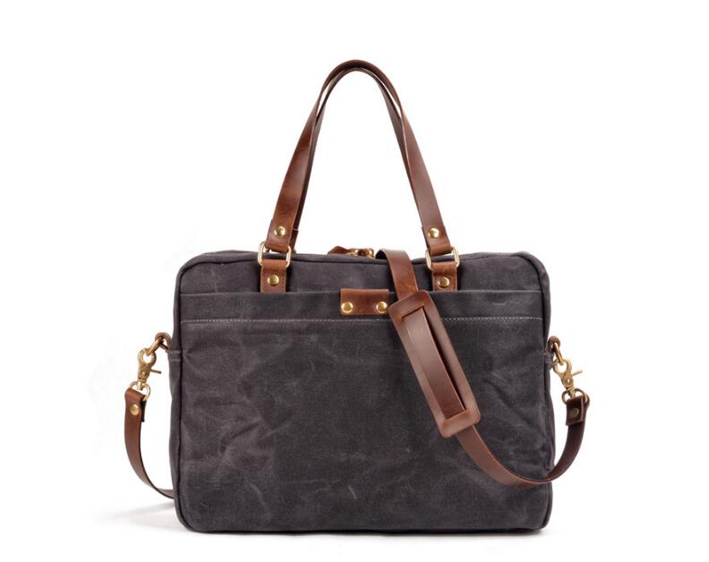 Stylish Grey Unisex Canvas & Leather Briefcase Bag for Work, Travel, and Business - Durable Laptop Messenger Bag for Men & Women