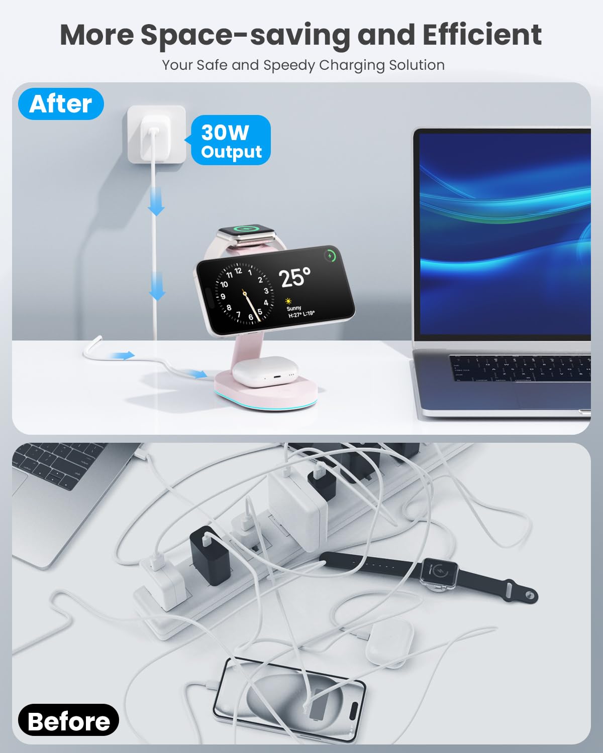 3-in-1 Magnetic Wireless Charging Station for iPhone 16/15/14/13/12 - Qi2 Certified 15W Fast Charger with MagSafe Stand, 30W USB-C Adapter & Night Light - Compatible with Apple Watch & AirPods - Perfect for Bedside, Office & Travel Charging