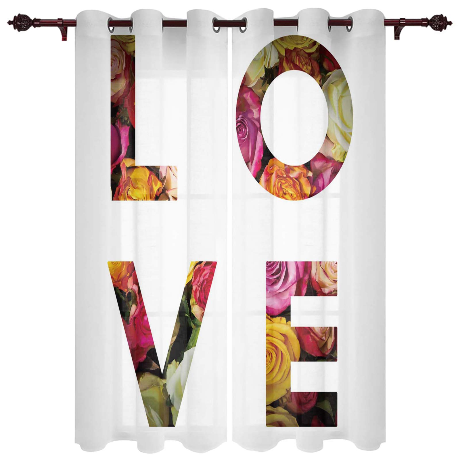 Valentine's Day Rose Love Word Curtains - Semi Sheer Window Drapes for Living Room, Bedroom & Kitchen (42x84 Inches, 2 Panels, Grommet Top) - Romantic Home Decor for Anniversary, Wedding & Couple's Gift
