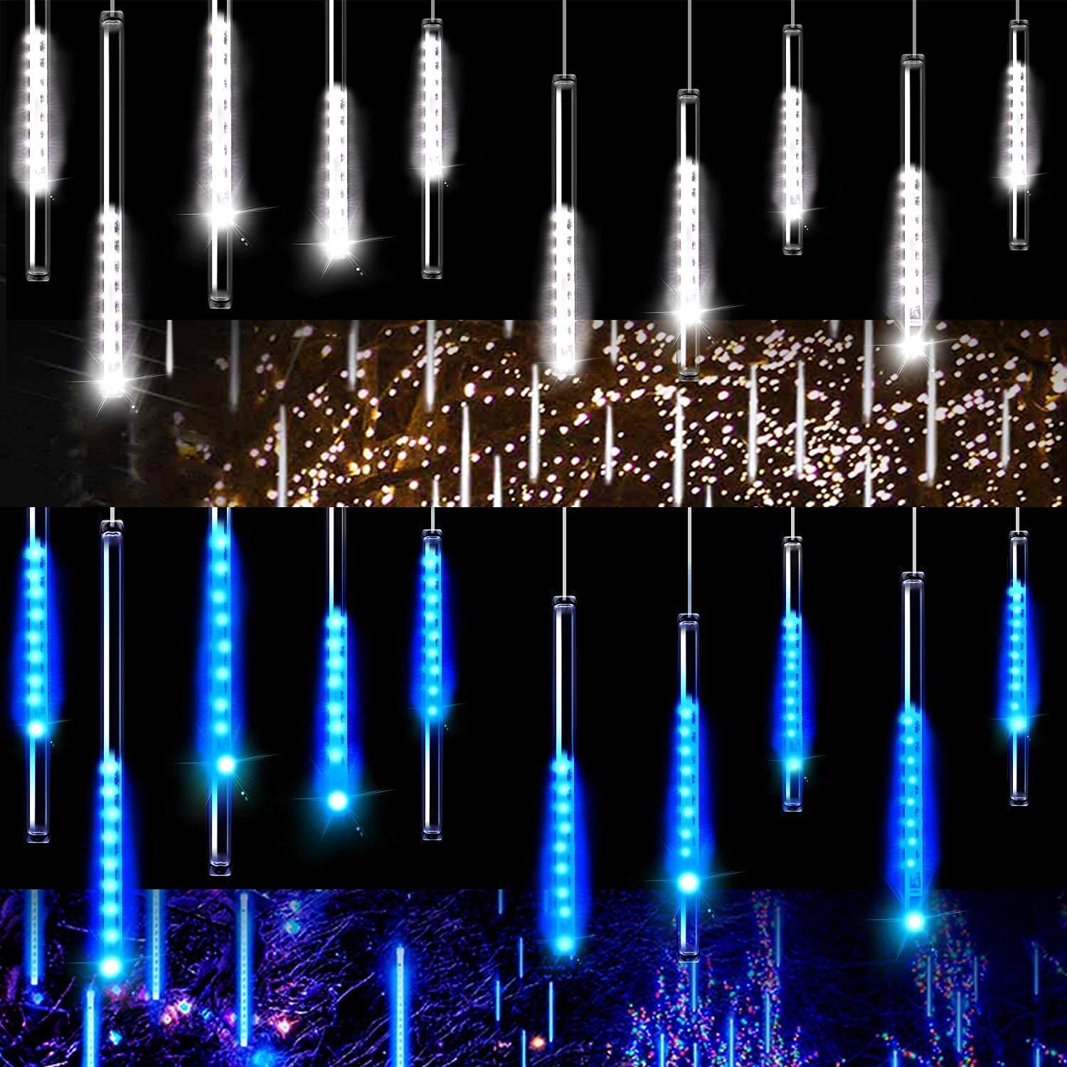 Aluan 10 Tube 240 LED Waterproof Christmas Meteor Shower Rain Lights - Plug in Falling Rain Fairy String Lights in White & Blue for Outdoor Holiday Decorations, Garden, Patio, and Party Lighting
