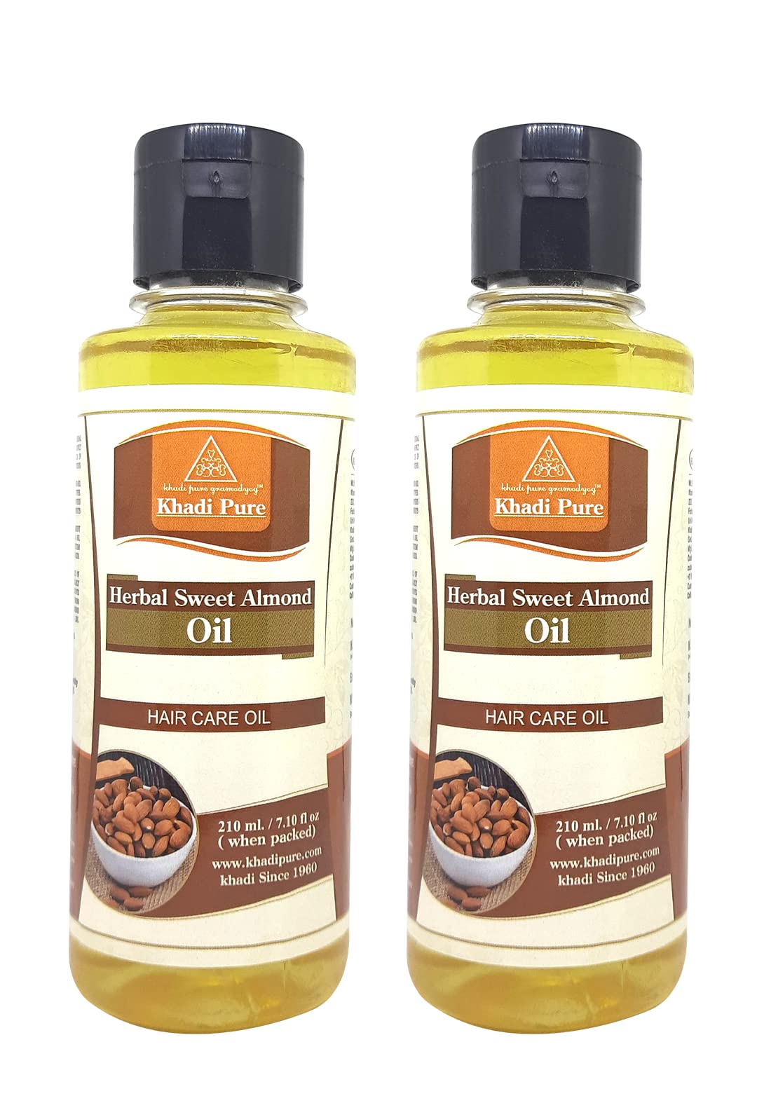 Khadi Pure Herbal Sweet Almond Oil for Hair & Skin - 210ml (Pack of 2) - Natural Moisturizer for Dry Hair, Scalp Massage & Body Care