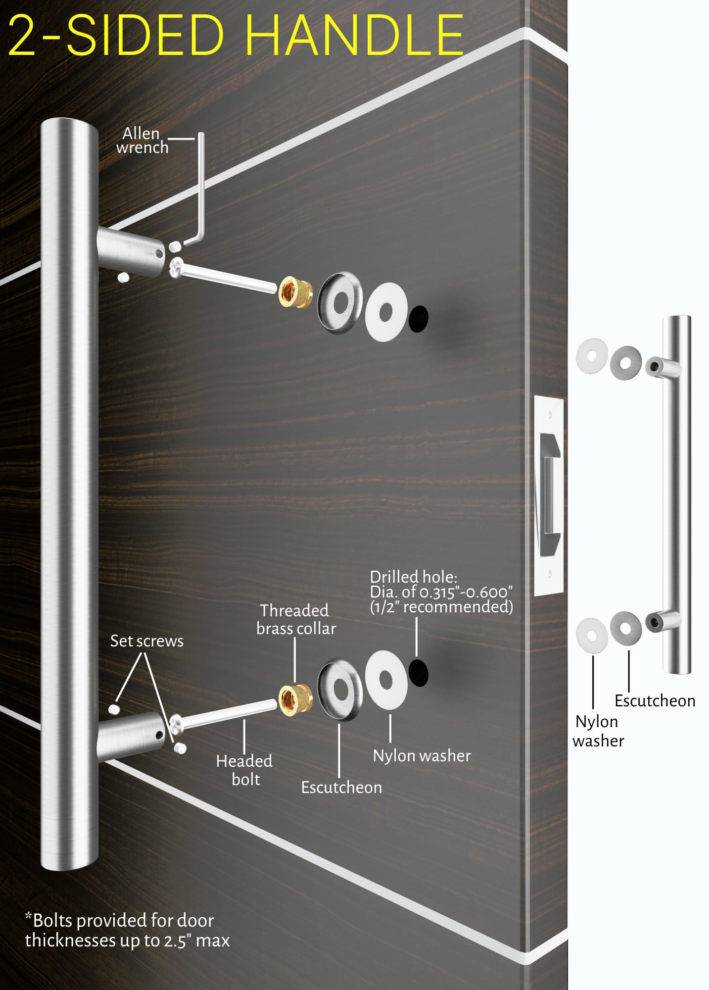 12 Inch Modern Brushed Nickel Satin Finish Door Handles - Stainless Steel Round Bar Pulls for Home, Office & Commercial Doors - Perfect for Entry Doors, Shower Glass Doors & Sliding Barn Doors (1 Foot Long)