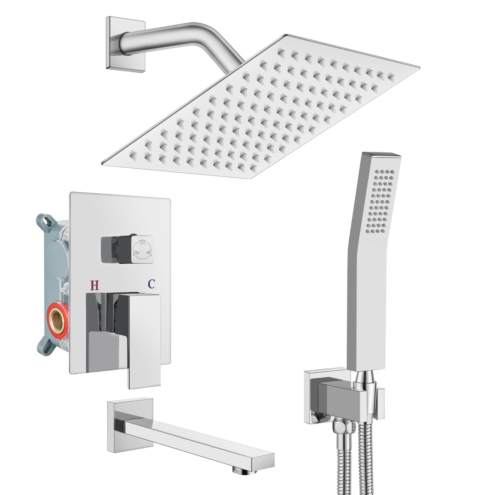 Gotonovo 3-Function Wall Mounted Shower System Set with Rainfall Shower Head, Handheld Spray, Tub Spout & Rough-in Valve - 8 Inch Polish Chrome - Perfect for Bathroom Renovation & Spa-Like Experience