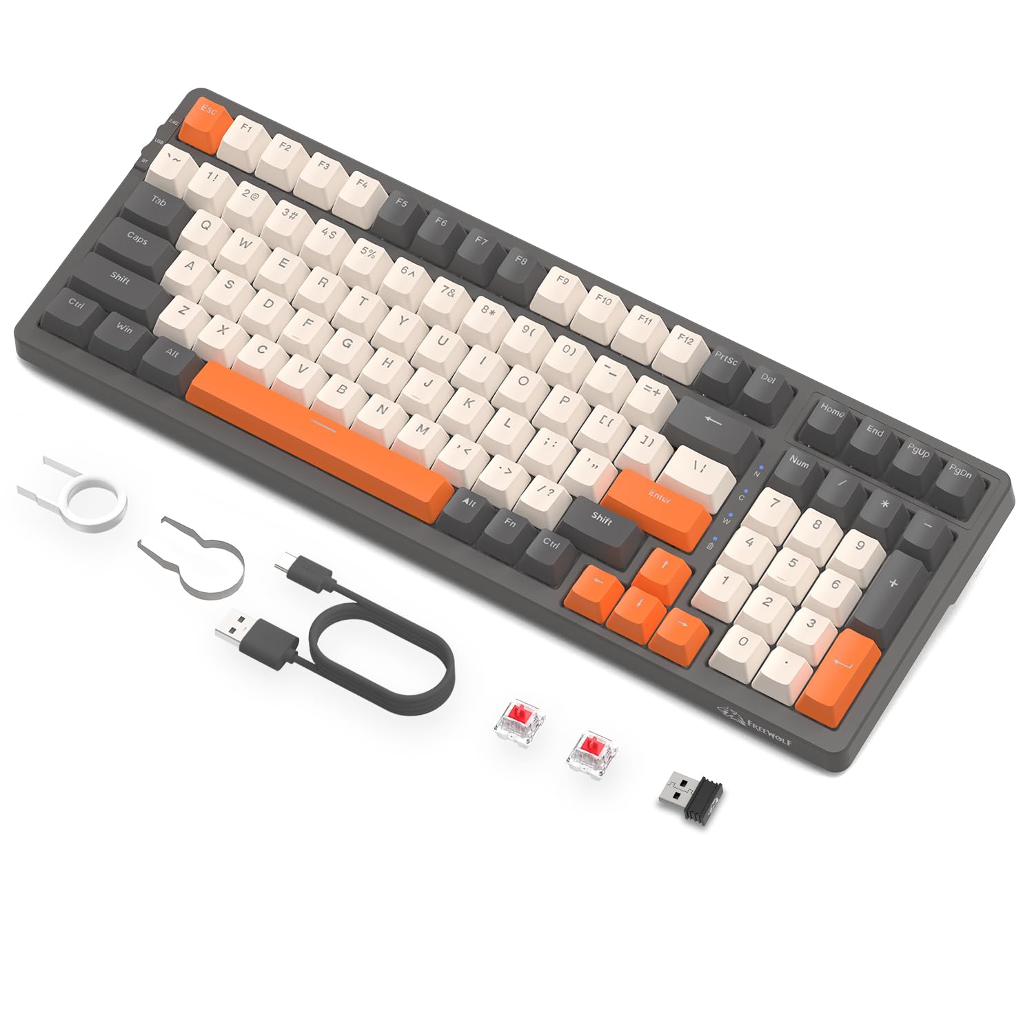 FREEWOLF K8 Wireless Mechanical Gaming Keyboard - Hot Swappable RGB Backlit, Red Switches, Bluetooth 5.0/2.4Ghz/USB-C Tri-Mode, 4000mAh Battery, US Layout for Mac/Windows (Grey/Orange) - Perfect for Gaming, Office Work & Typing Enthusiasts