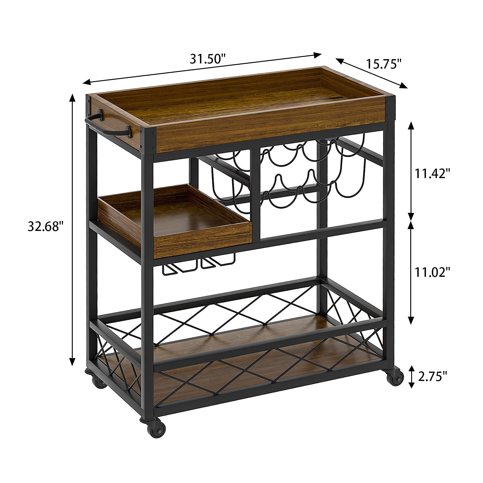Industrial 3-Tier Bar Cart with Wine Rack & Glass Holder - Rustic Kitchen Serving Cart with Locking Casters, Portable Trays for Home, Party & Restaurant Use