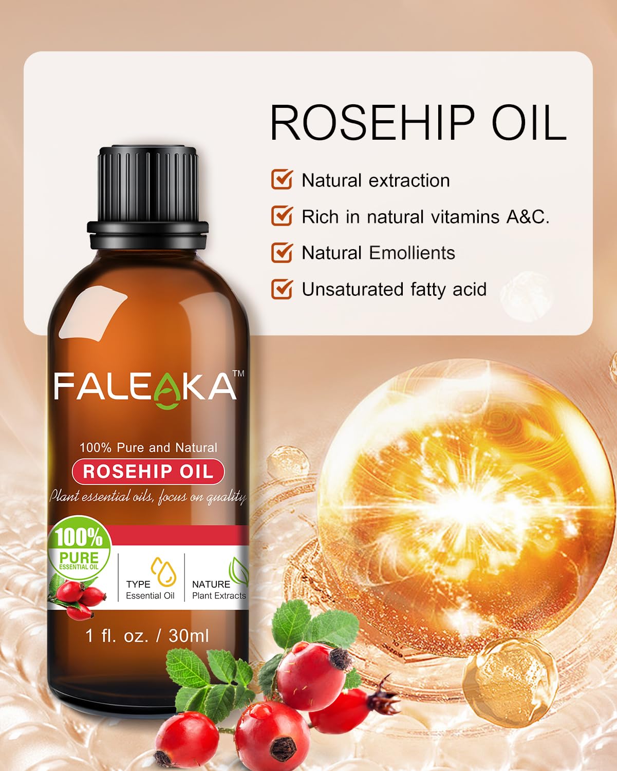 Organic Rosehip Oil for Face & Skin - 100% Pure Cold Pressed Rosehip Seed Oil - Natural Anti-Aging, Moisturizing & Scar Treatment - Perfect for Dry Skin, Wrinkles & Stretch Marks