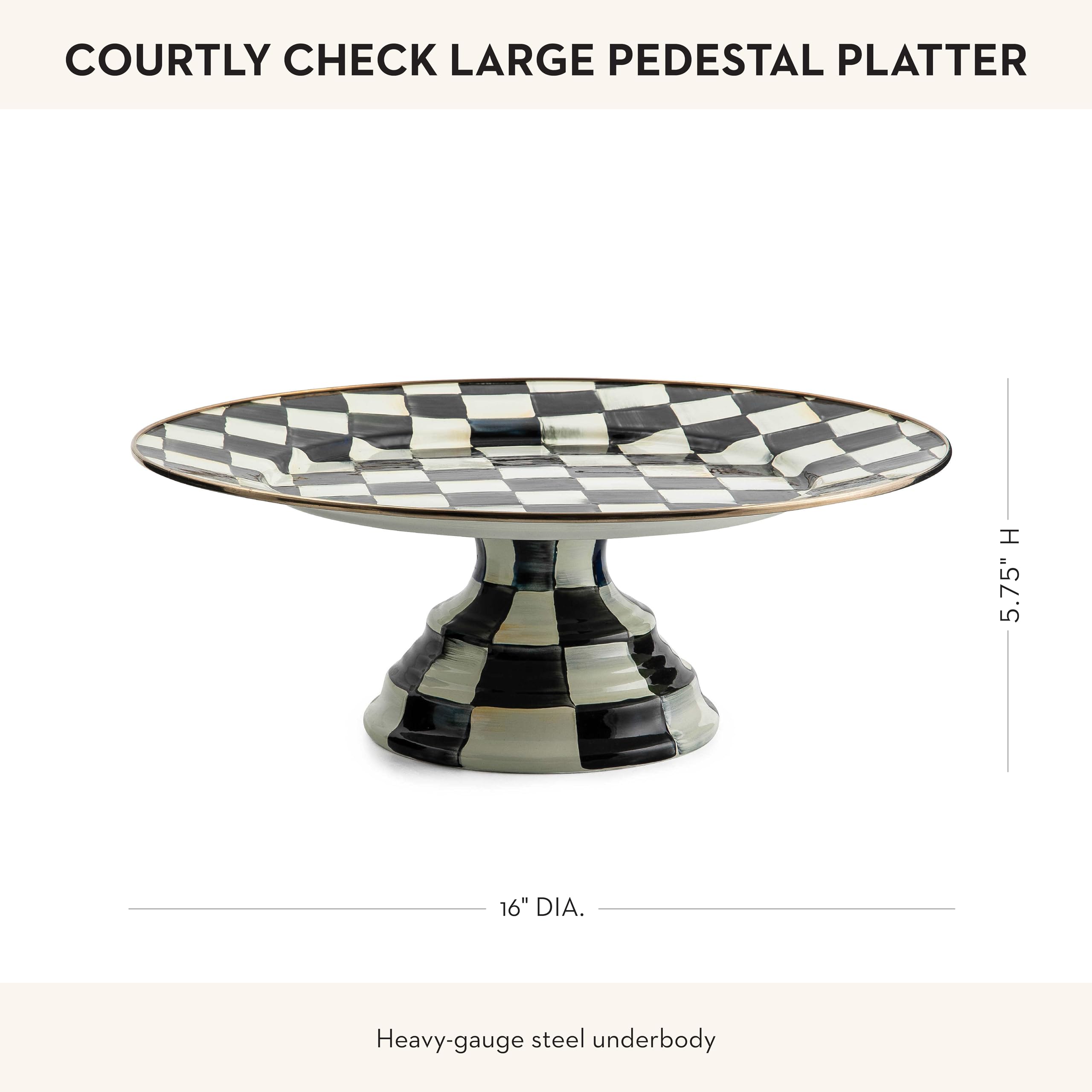 MACKENZIE-CHILDS Enamel Pedestal Platter - Large Round Cake Stand in Classic Black & White Courtly Check Pattern | Perfect for Wedding Desserts, Party Serving & Elegant Home Decor
