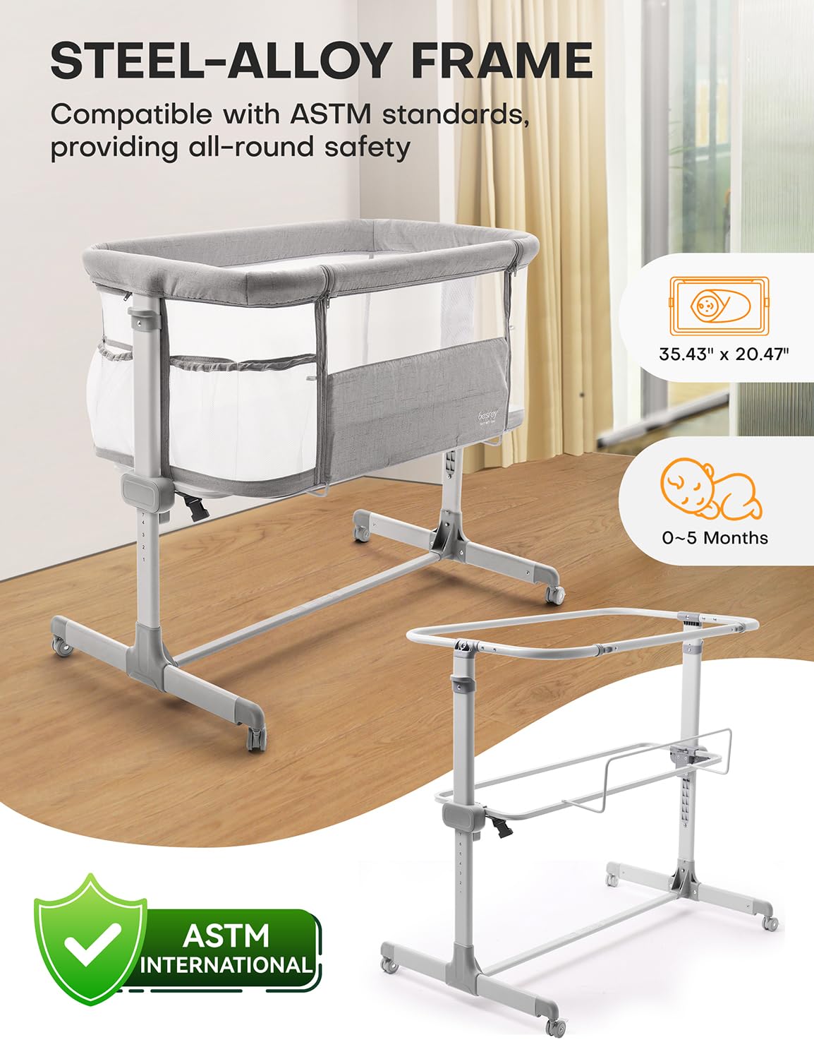 Besrey Baby Bassinet Bedside Sleeper – Breathable Mesh Crib for Newborns with Comfort Mattress, 7-Level Height Adjustment & 360° Swivel Wheels – Portable Infant Bed with Storage Pockets for Nursery, Bedroom, and Travel