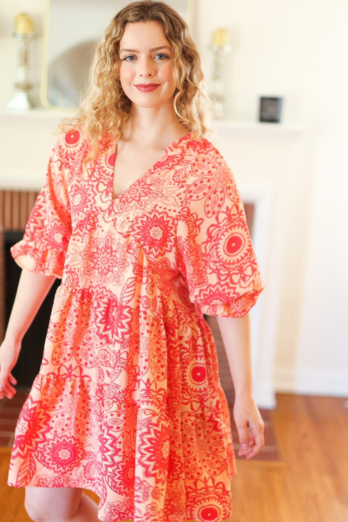 Stylish Peach & Coral Boho Floral V-Neck Dress for Women | Summer Beach Wedding, Vacation & Party Outfit