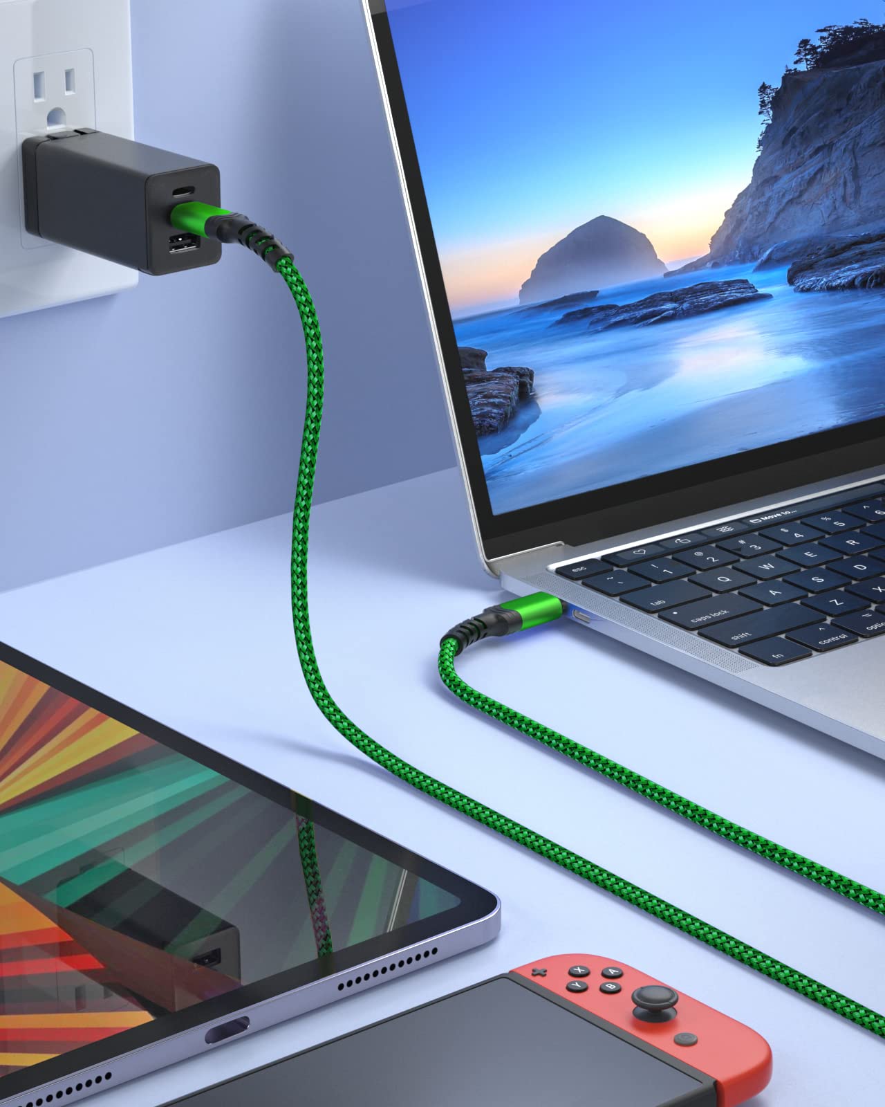 10ft 2-Pack USB C to USB C Cable Fast Charging 60W/3A - Compatible with Galaxy S24/S23/S22 Ultra/S21, iPhone 16/15 Pro Max, iPad Pro/Air5, Pixel 7 - Purple & Green for Home, Office, Travel Charging