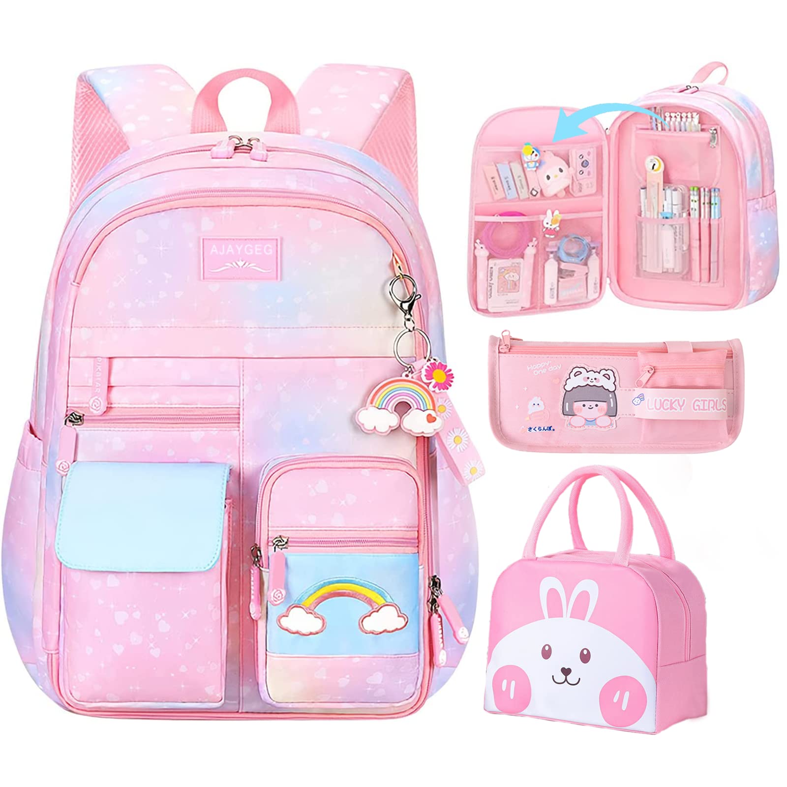 **Cute Pink Kawaii Backpack for Girls - Starry Rainbow School Bookbag, Aesthetic Kids Backpack Set (3 PCS) - Perfect for School, Travel & Daily Use**