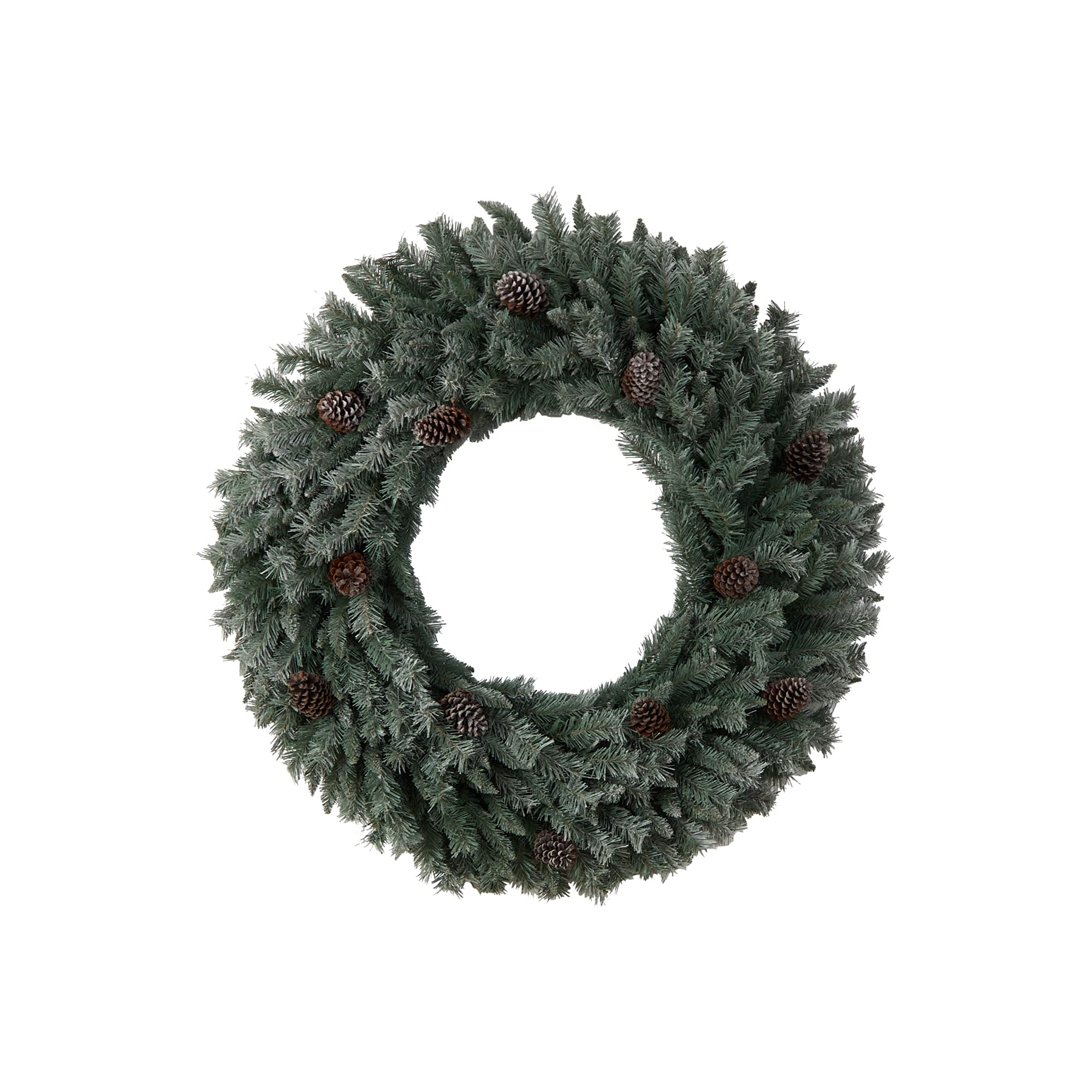 Nearly Natural 4ft Large Flocked Artificial Christmas Wreath with Pinecones - 150 Clear LED Lights & 360 Bendable Branches for Holiday Door Decor, Fireplace Mantel, and Festive Home Decoration