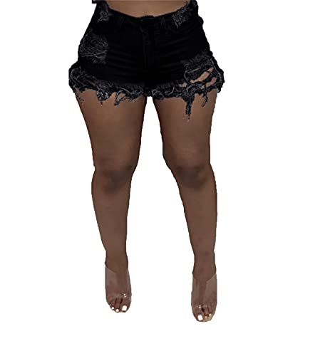 Women's Ripped Denim Shorts - High Waist Distressed Jean Shorts with Frayed Hem | Casual Cut Off Destroyed Hole Jeans (Black, X-Large) | Perfect for Summer Outfits, Beach Vacations & Music Festivals