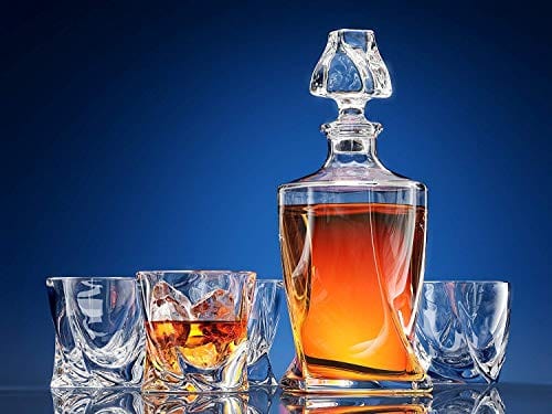 Premium Ashcroft Twist Whiskey Decanter Set - 5 Piece Crystal Decanter with 4 Glasses for Scotch, Bourbon & Rum - Elegant Barware Gift for Men & Home Entertaining