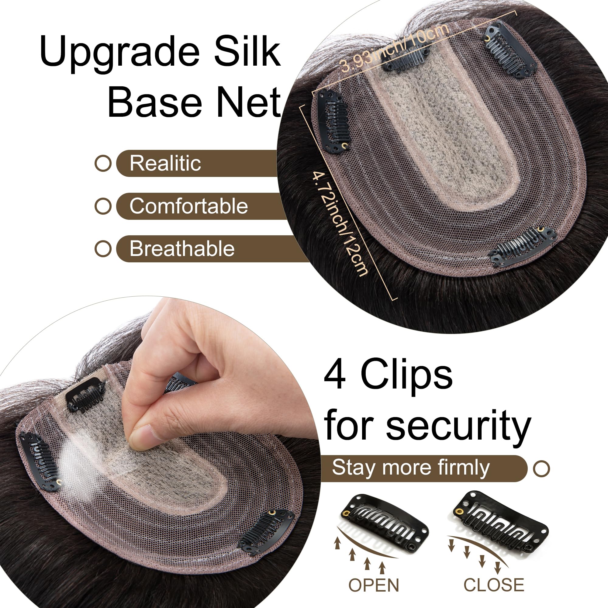 SEGO Real Human Hair Toppers for Women - No Bangs, 130% Density, 10x12cm Silk Base, 100% Remy Human Hair Clip-in Top Wiglet for Thinning Hair (16 Inch, Natural Black) - Perfect for Daily Wear, Special Occasions & Hair Volume Enhancement