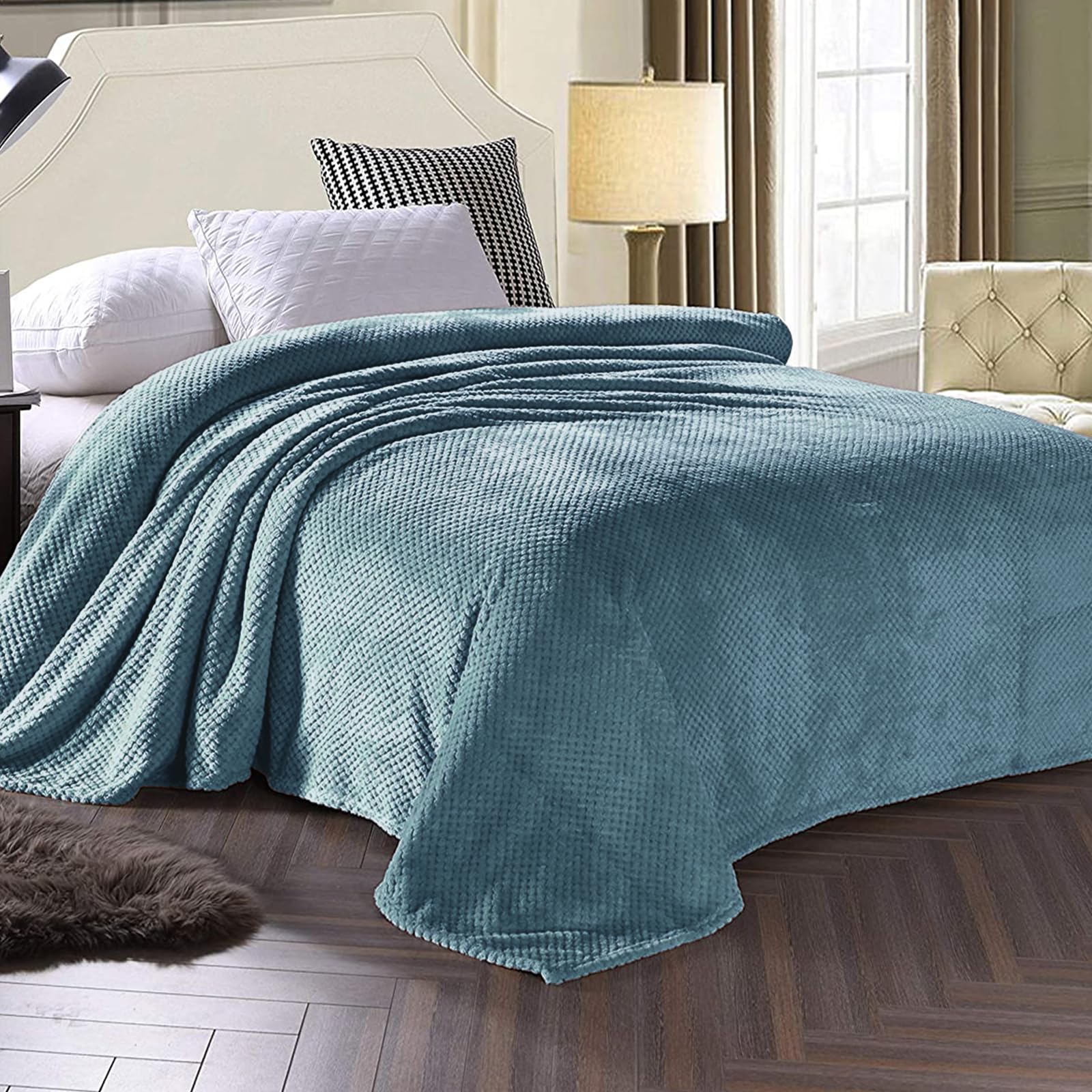 Premium Fleece Blend Twin Size Bed Blanket - Ultra Soft & Warm Waffle Textured Throw for Couch, Sofa & Bed - Cozy, Fuzzy & Lightweight (Slate Blue, 90x66 Inches) - Perfect for Winter Nights, Movie Time & Guest Rooms